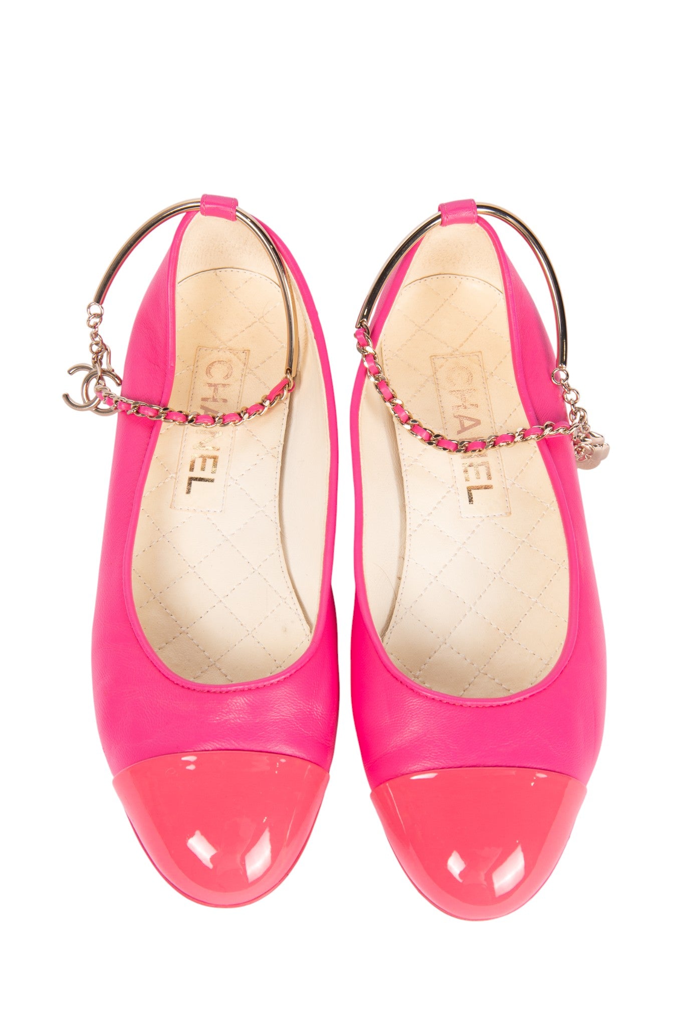 CHANEL Hot Pink Leather Ankle Strap Ballet Flats Size 36