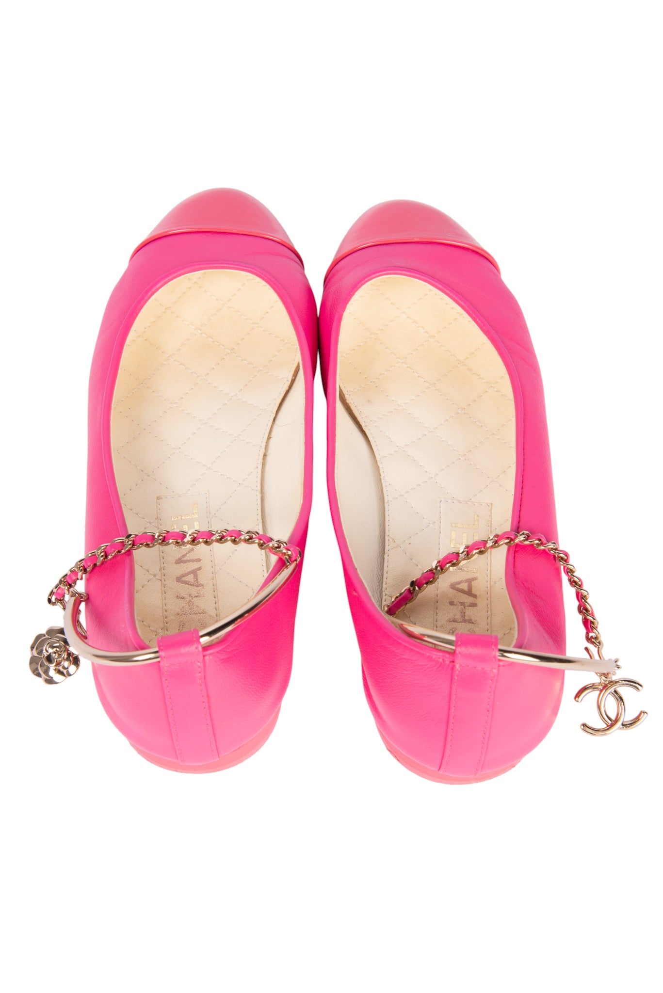 CHANEL Hot Pink Leather Ankle Strap Ballet Flats Size 36