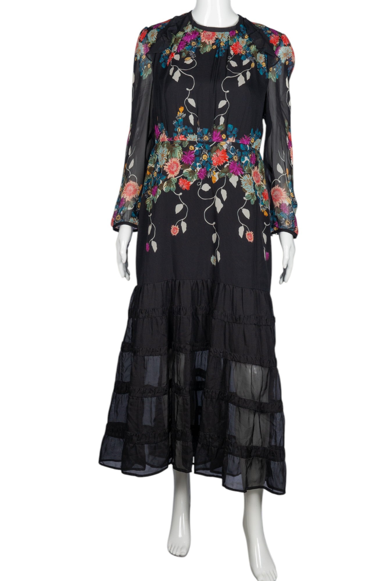 SALONI Black Floral Silk Long Dress Size M