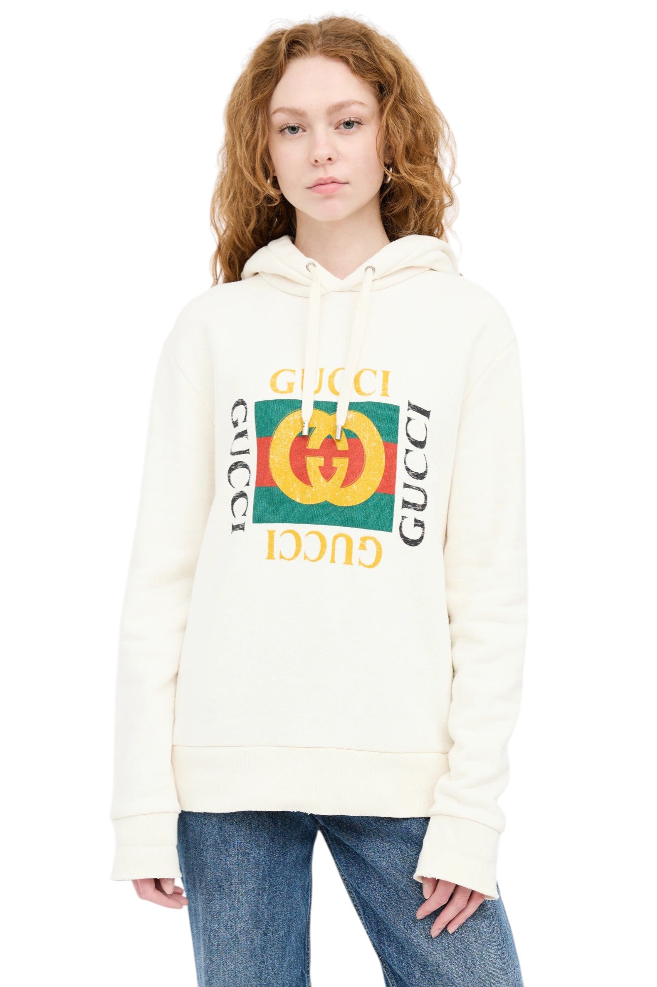 GUCCI Cream Cotton GG Logo Print Hoodie Sweater Size XL