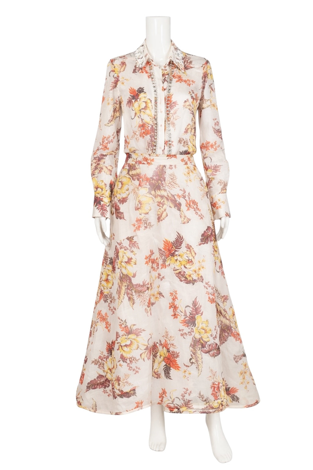 ZIMMERMANN Matchmaker Floral Print Linen Crystal Embellished Top & Skirt Set Size M