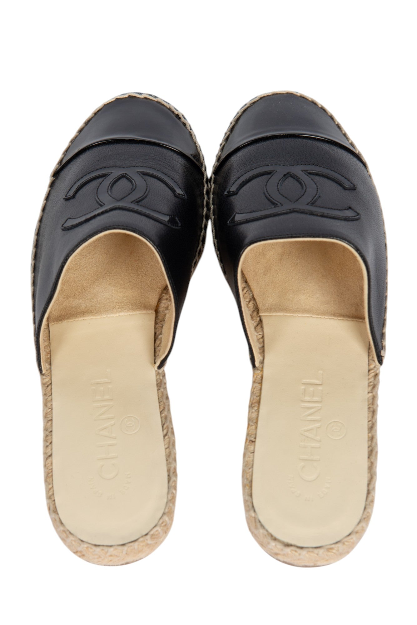 CHANEL Black Leather CC Espadrille Slides Size 37