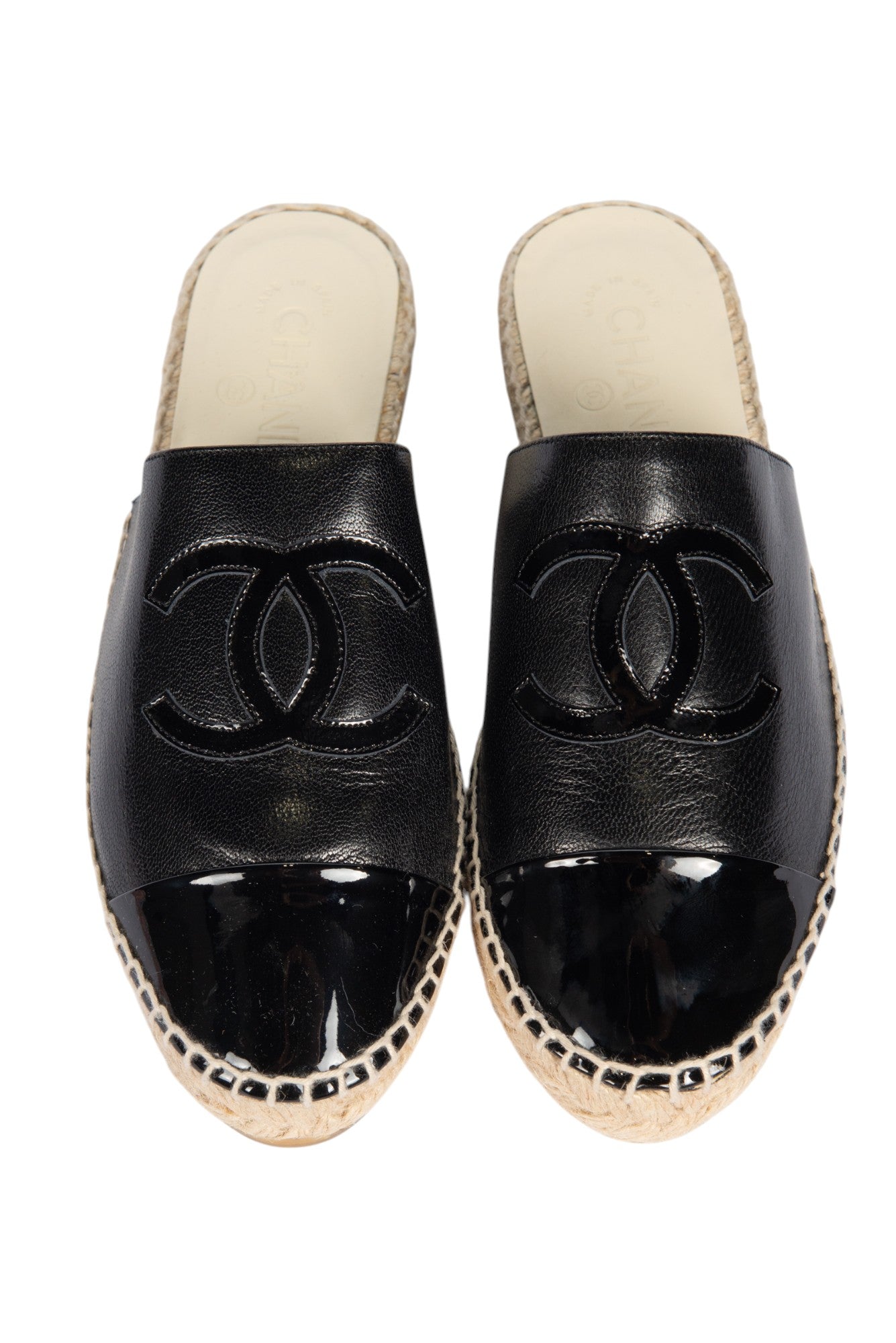 CHANEL Black Leather CC Espadrille Slides Size 37