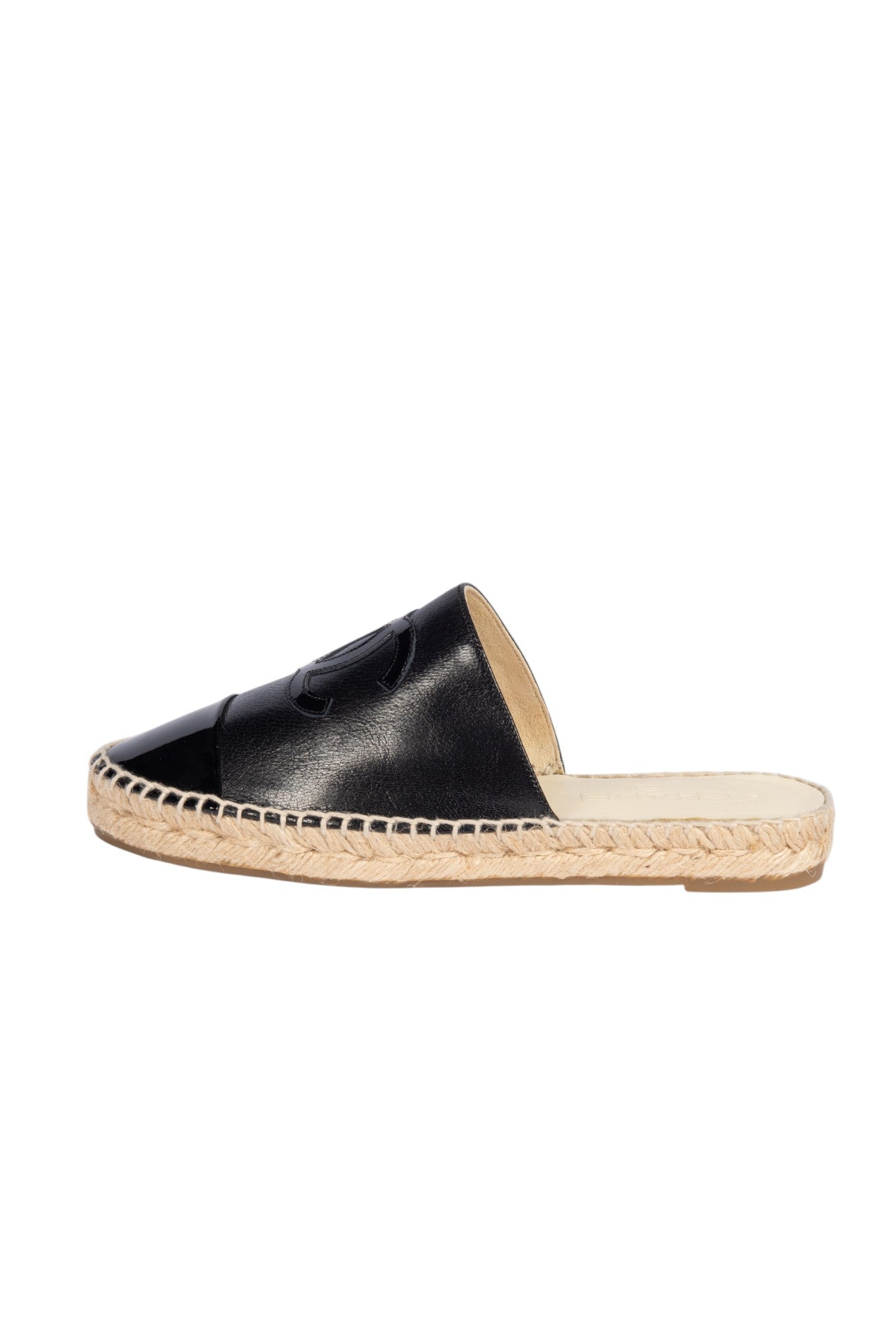 CHANEL Black Leather CC Espadrille Slides Size 37