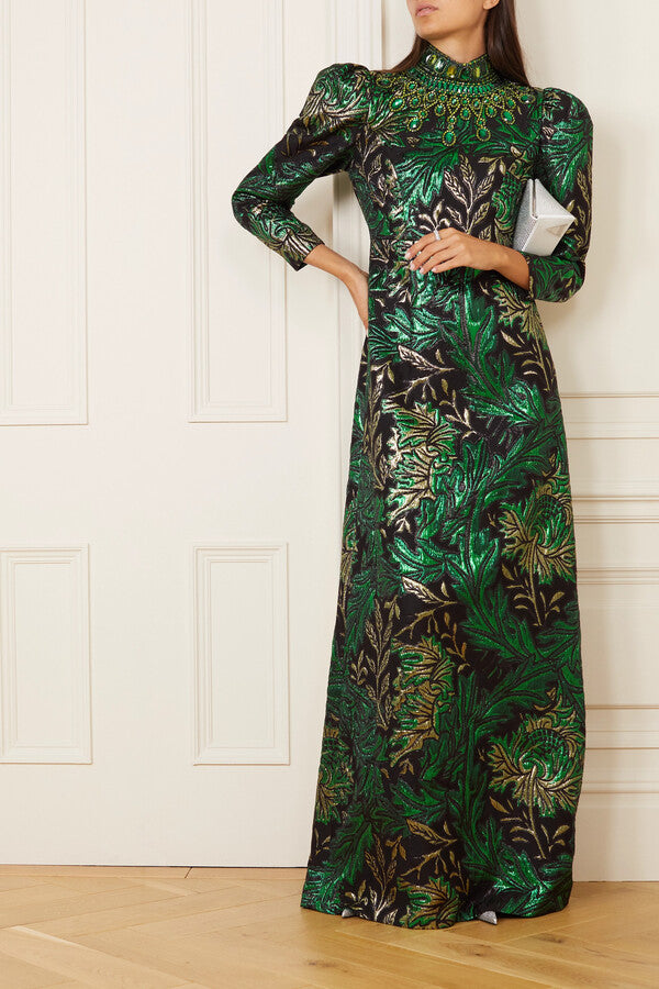 ANDREW GN Green Metallic Brocade Gown Size 40 US 8