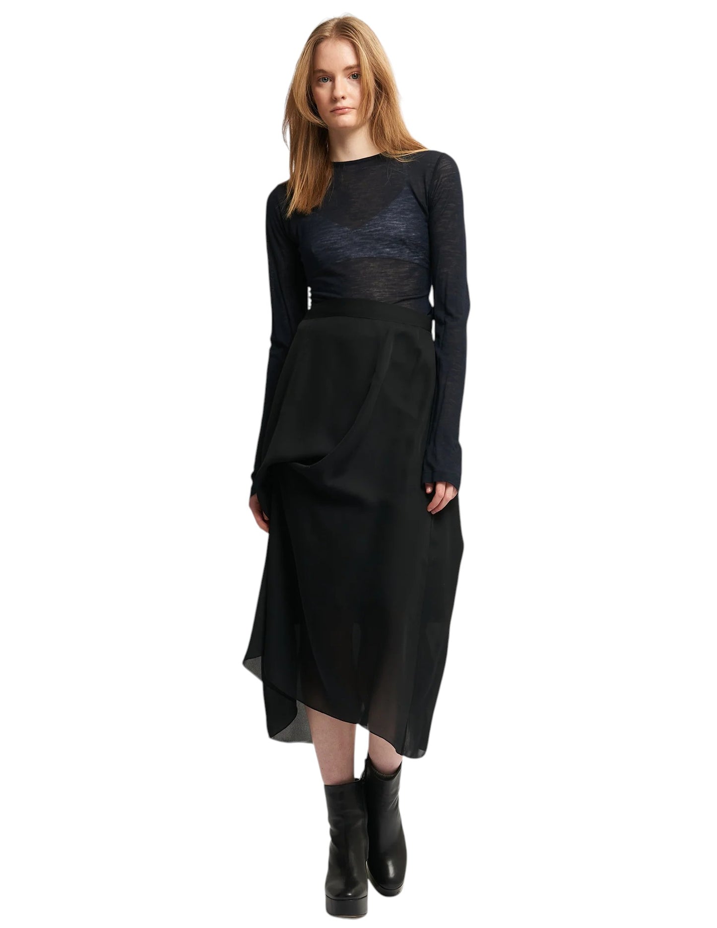 MORGANE LE FAY Black Silk Draped Asymmetrical Midi Skirt Size S