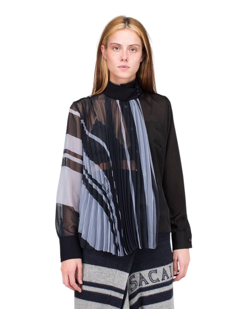 SACAI Black Pleated Button-Up Blouse Top Size S