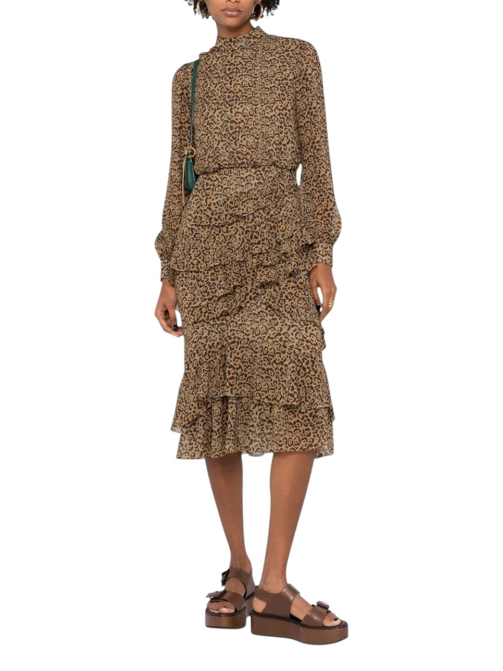 SALONI Beige Silk Leopard Print Midi Dress Size 4