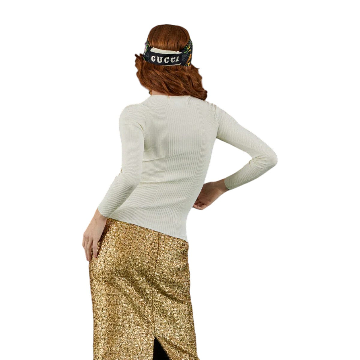 GUCCI Ivory Ribbed Knit Long Sleeve T-Shirt Size S