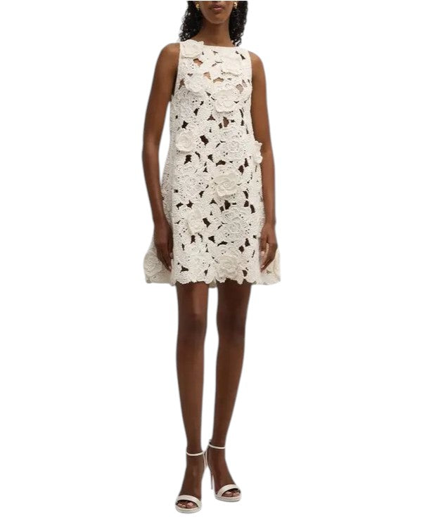 OSCAR DE LA RENTA White Cotton Crochet Mini Trapeze Dress Size M