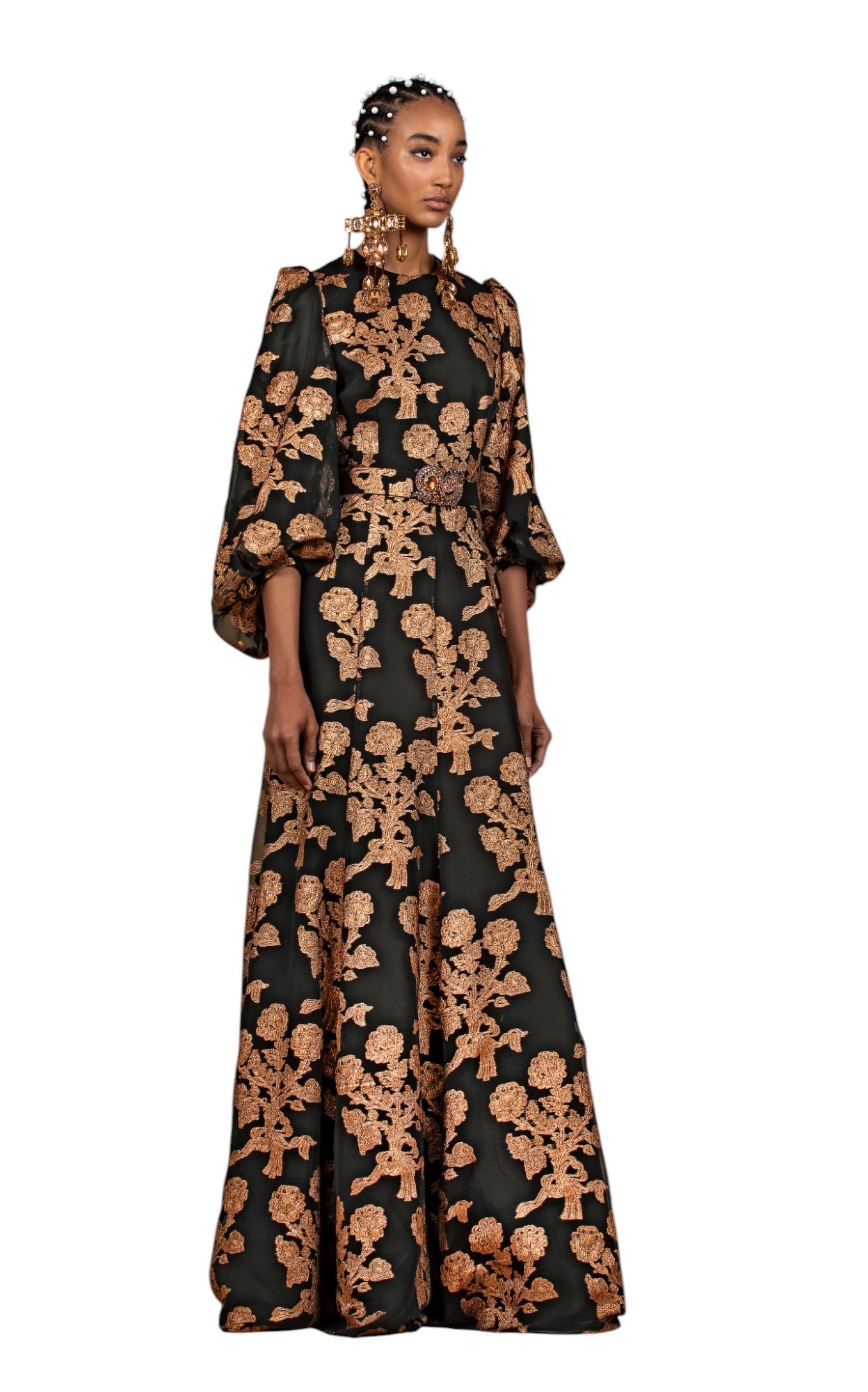 ANDREW GN Black Gold Silk Floral Brocade Gown Size 34 US 2