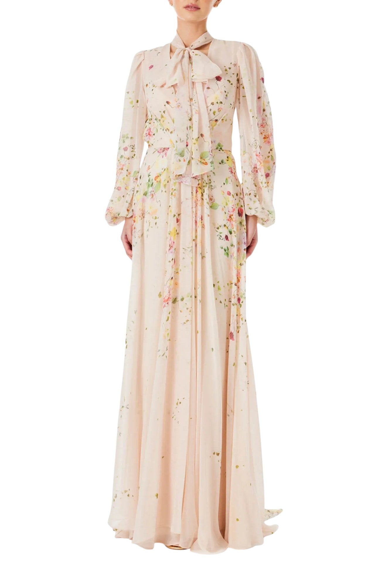 MONIQUE LHUILLIER Pink Chiffon Floral Print Maxi Dress Gown Size M