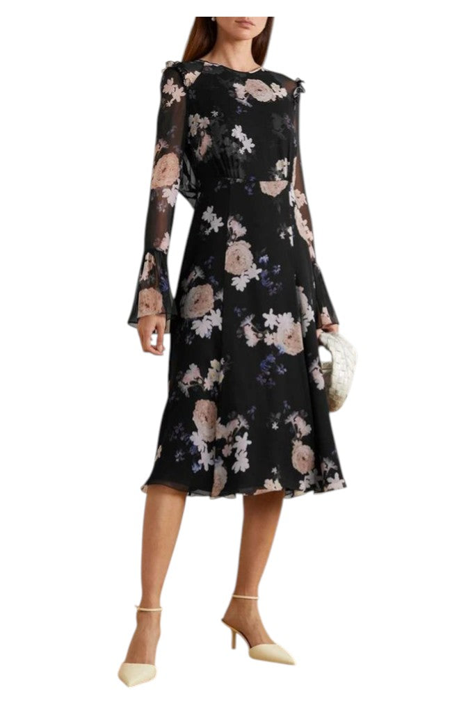 ERDEM Navy Silk Chiffon Floral Print Midi Dress Size 2