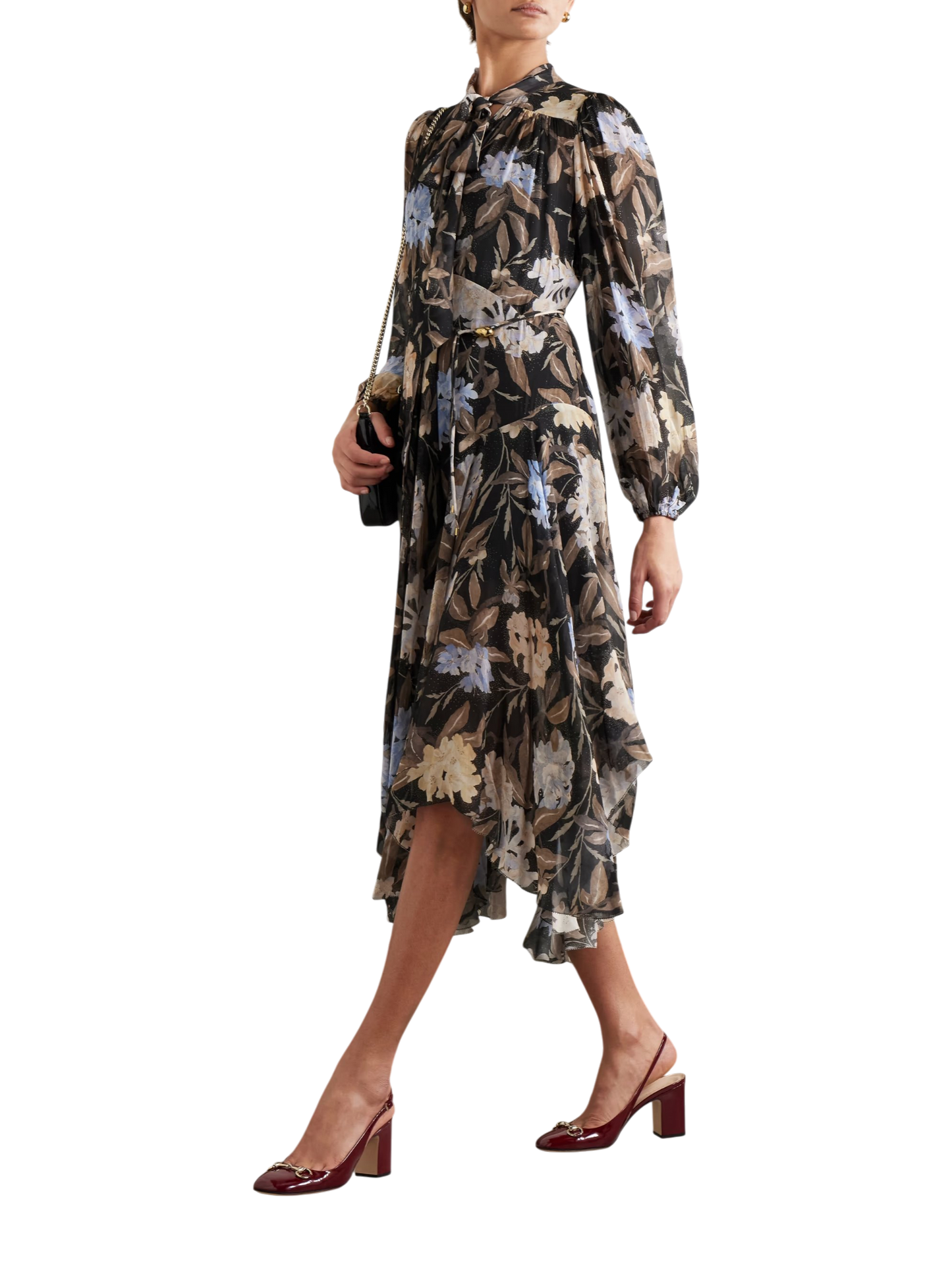 ZIMMERMANN Black Floral Print Midi Dress Size S