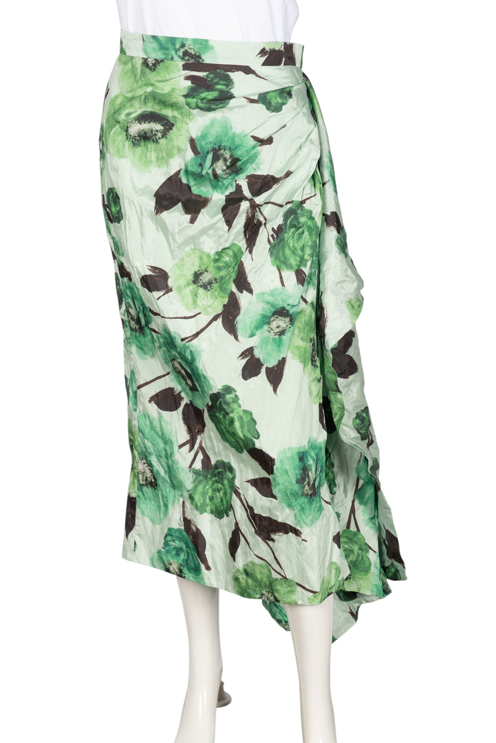 ERDEM Green Floral Print Asymmetric Draped Midi Skirt Size M