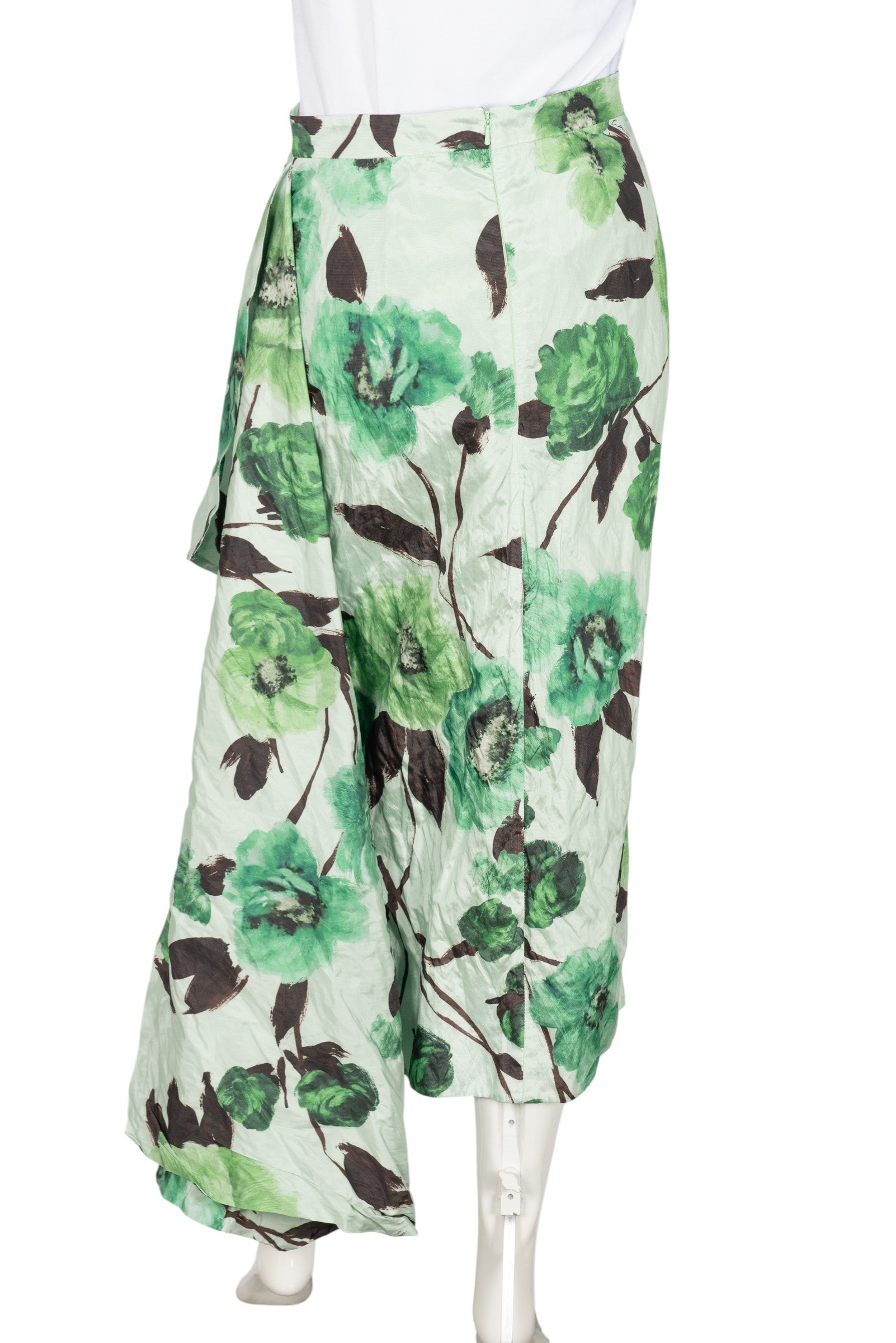 ERDEM Green Floral Print Asymmetric Draped Midi Skirt Size M