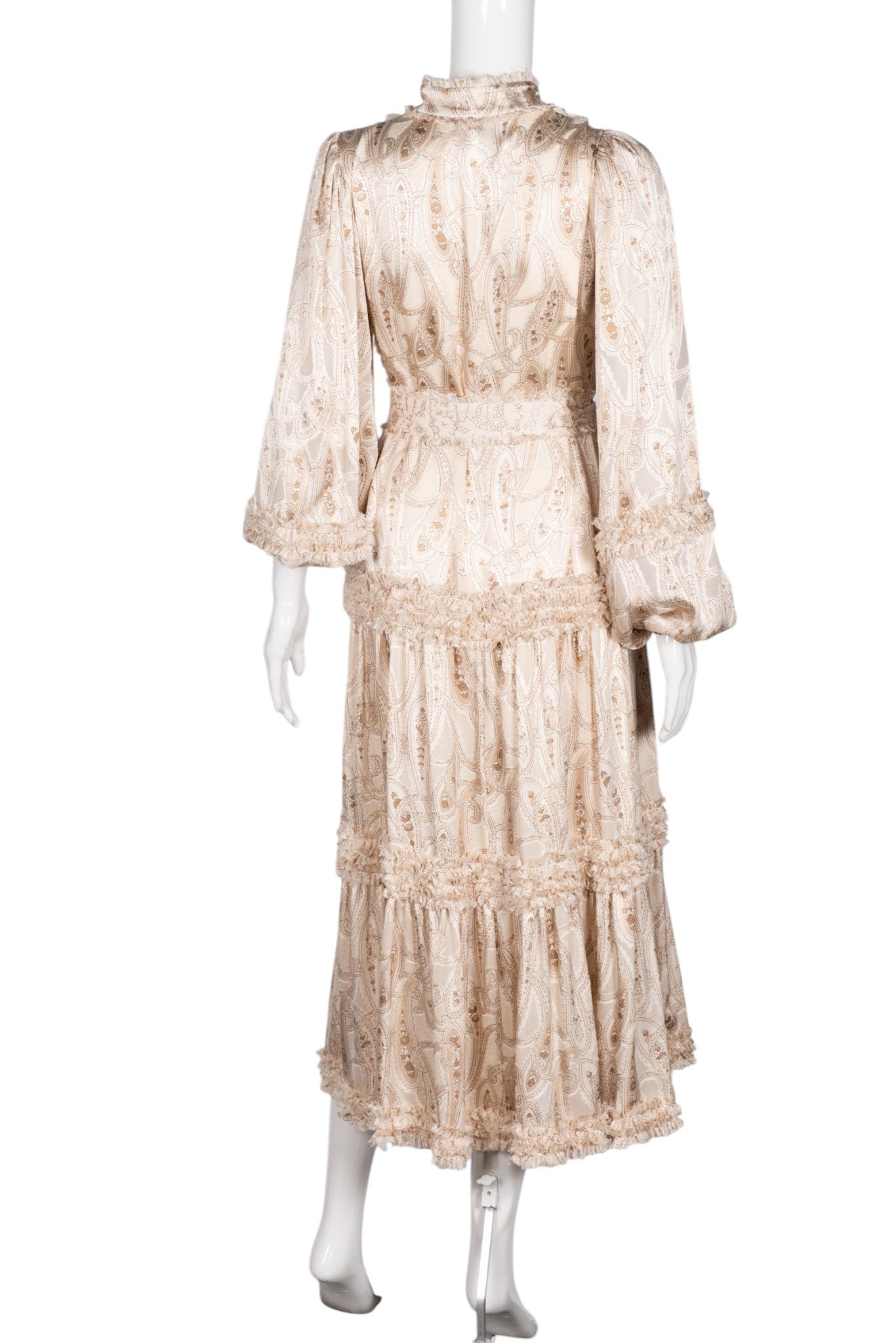 ALEXIS Brown Paisley Print Satin Midi Dress with Ruffle Details Size S