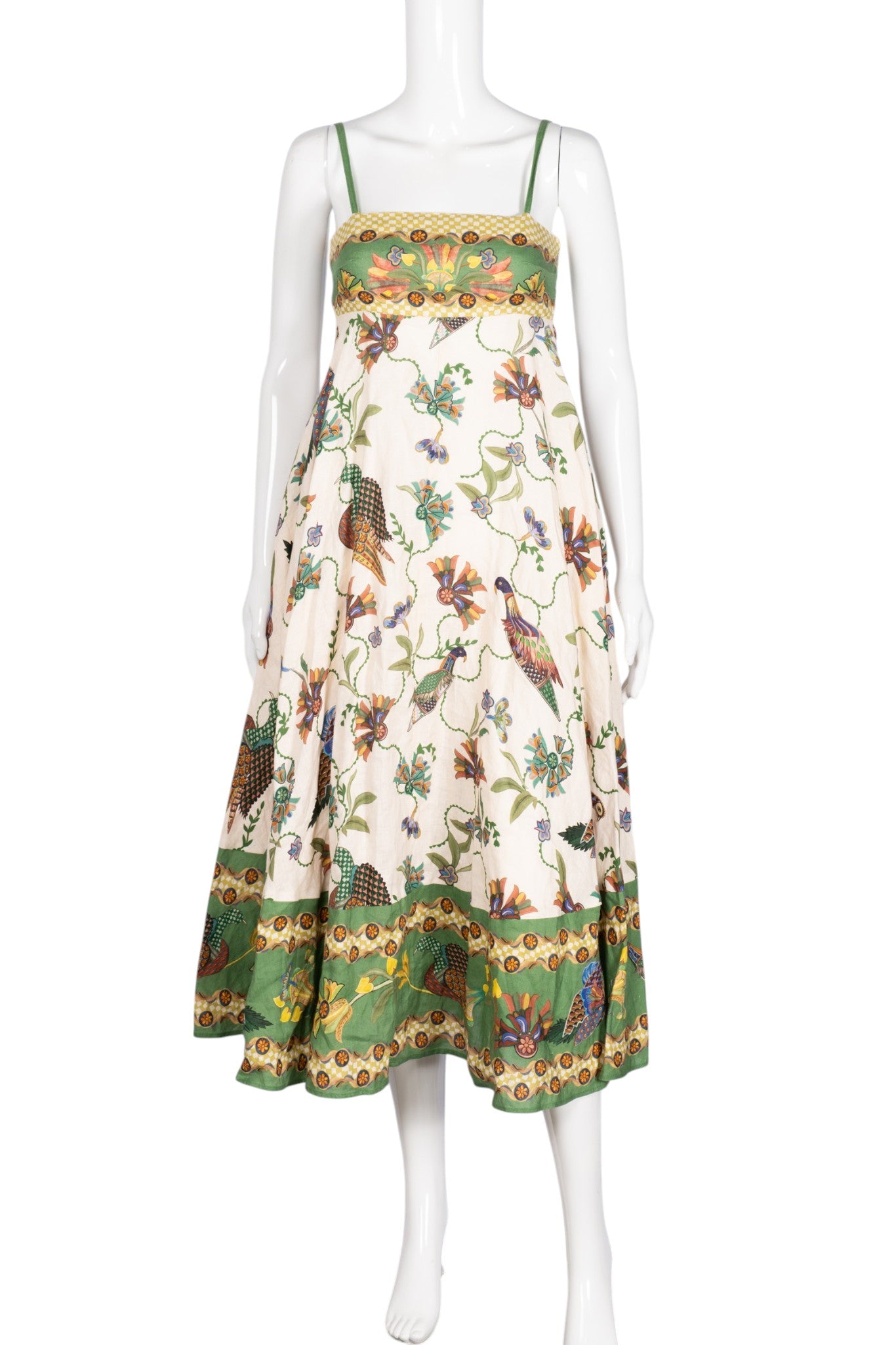 ALÉMAIS Green Birdie Printed Linen Maxi Dress Size XS