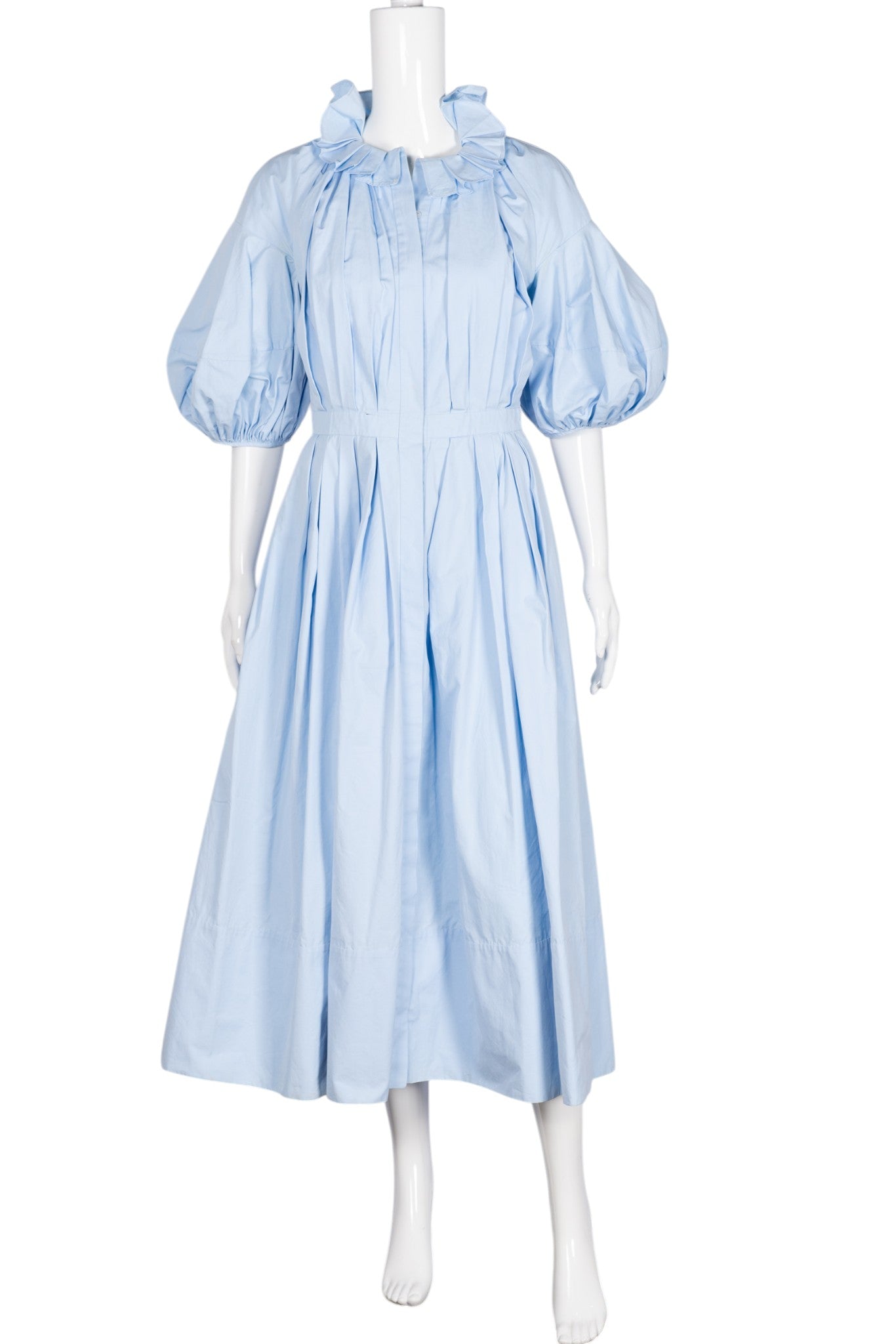 ALEXANDER MCQUEEN Blue Cotton Poplin Ruffled Neck Puff Sleeve Shirt Dress Size M