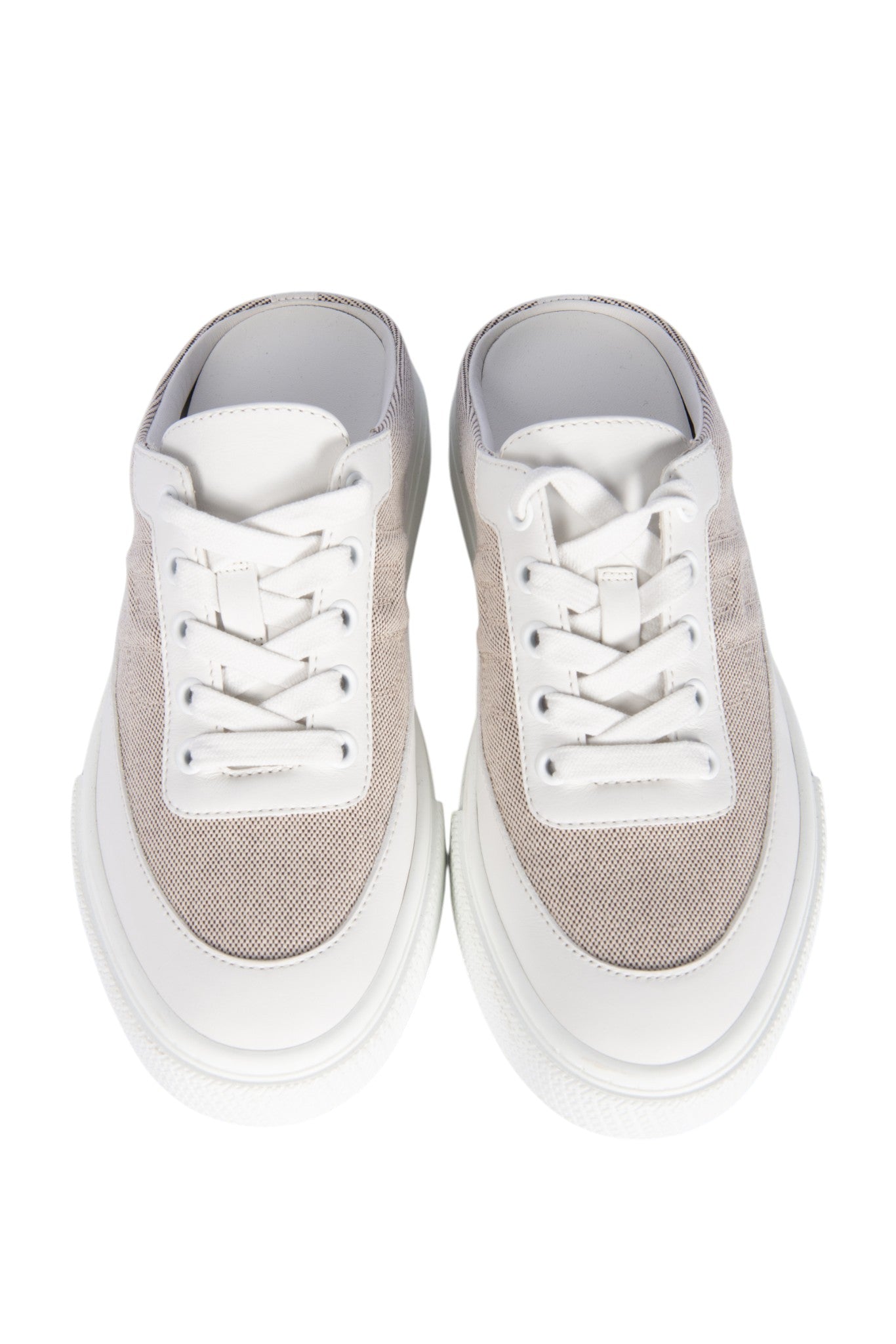 HERMES White Calfskin H Canvas Keep Mule Sneakers Size 36