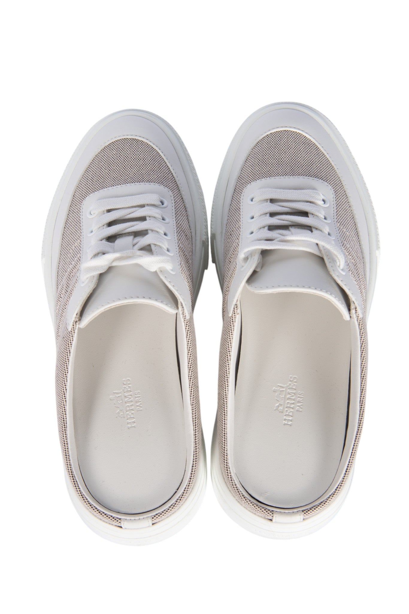 HERMES White Calfskin H Canvas Keep Mule Sneakers Size 36
