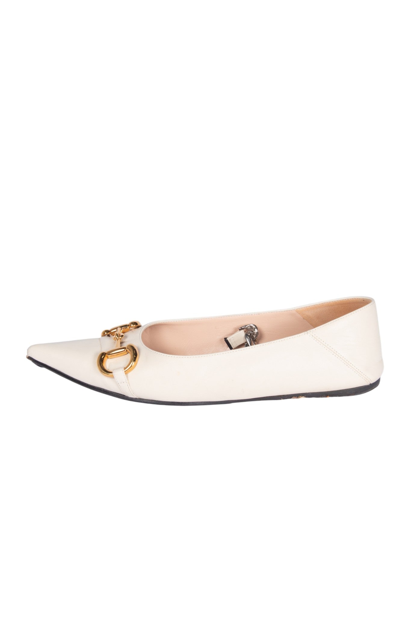 Gucci White Horsebit Chain Embellished Pointed Flats Size 38.5