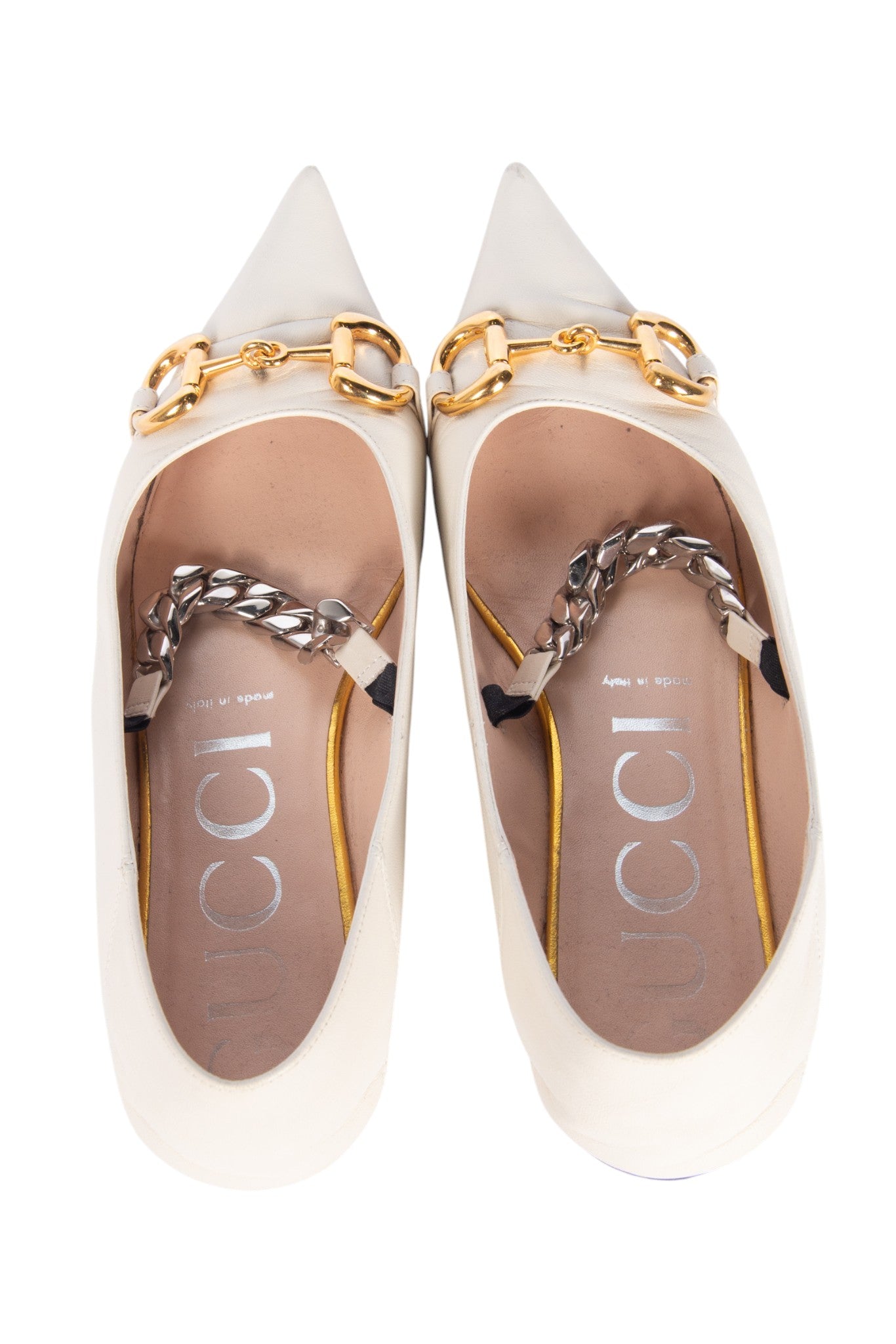 Gucci White Horsebit Chain Embellished Pointed Flats Size 38.5