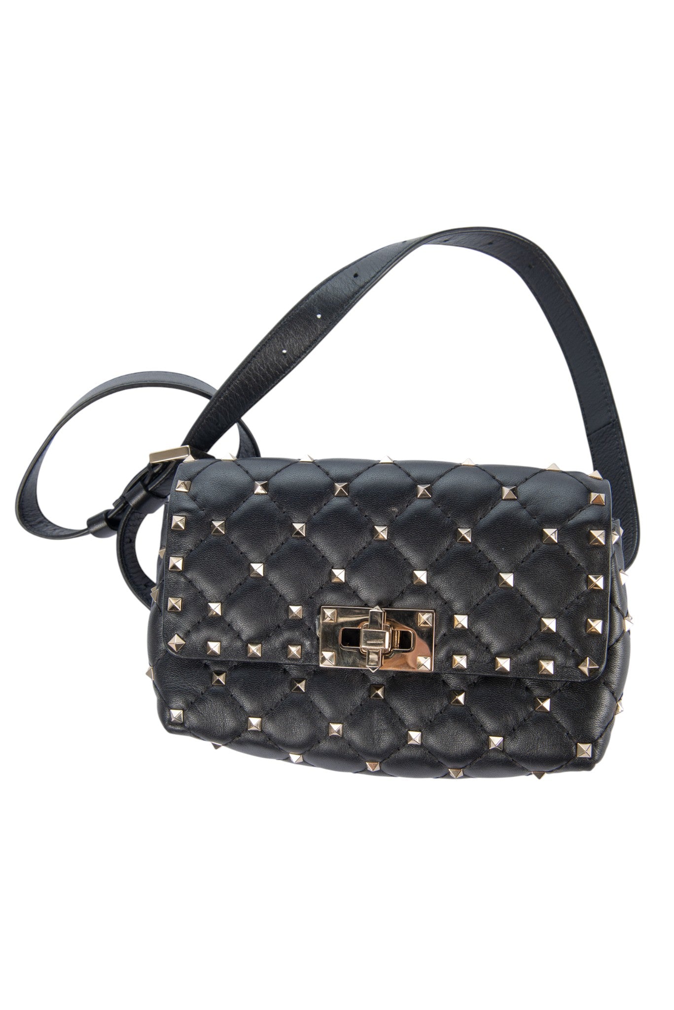 VALENTINO Black Leather Rockstud Quilted Belt Bag