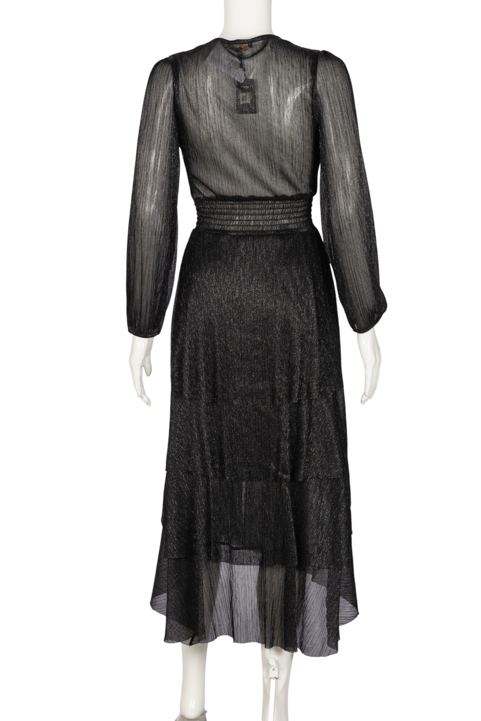 MAJE Black Knit Long Sleeve Asymmetrical Pleated Midi Dress Size XS