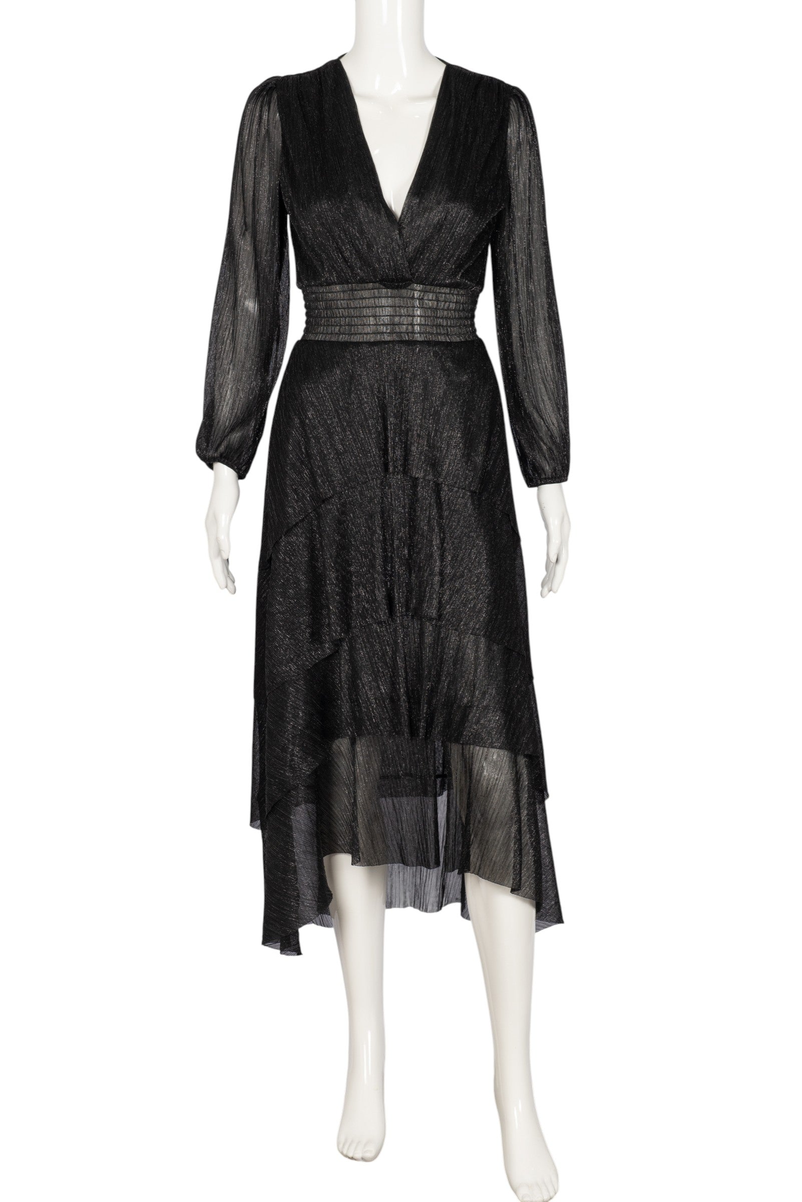 MAJE Black Knit Long Sleeve Asymmetrical Pleated Midi Dress Size XS