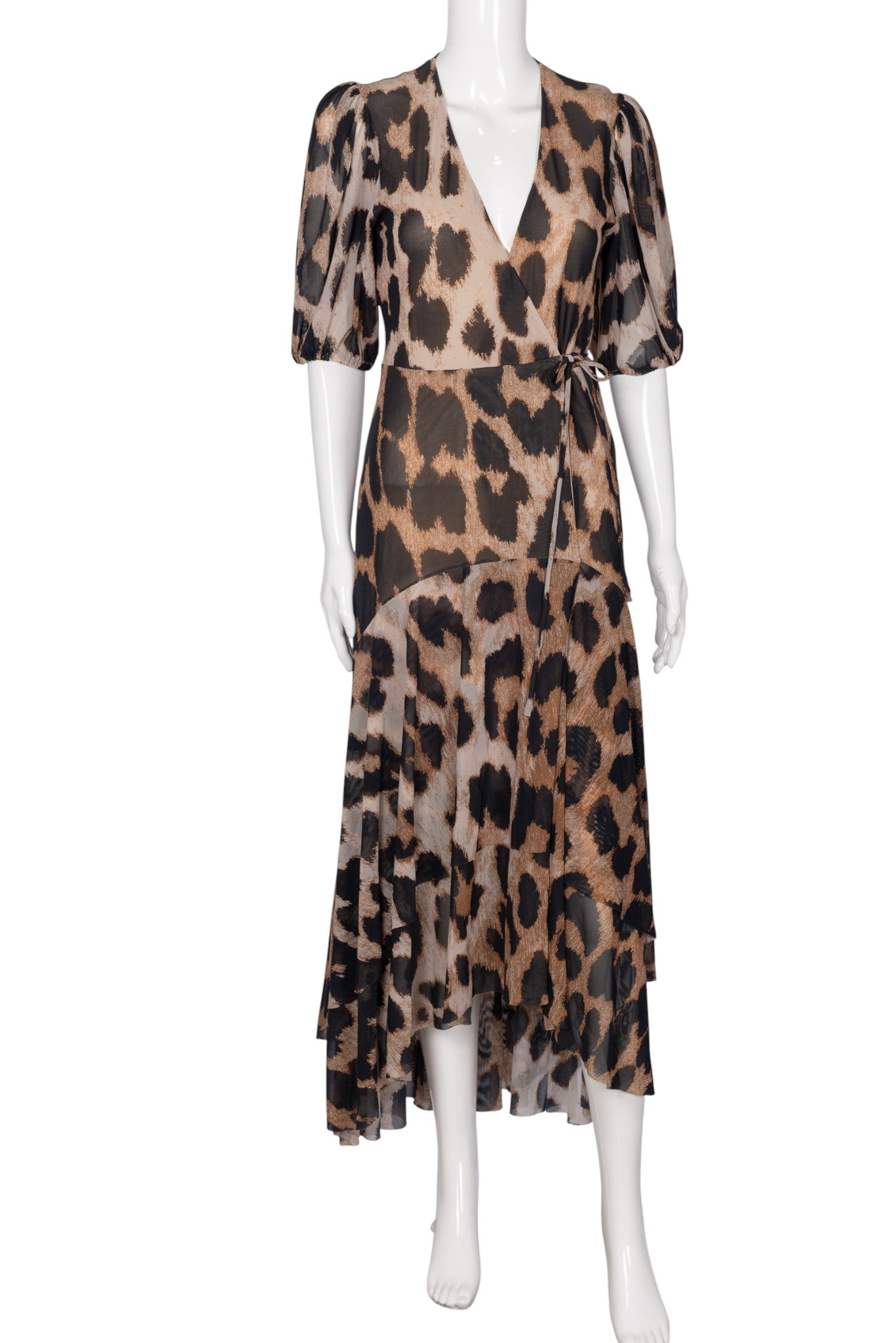 GANNI Leopard Print Mesh Wrap Dress Size XS