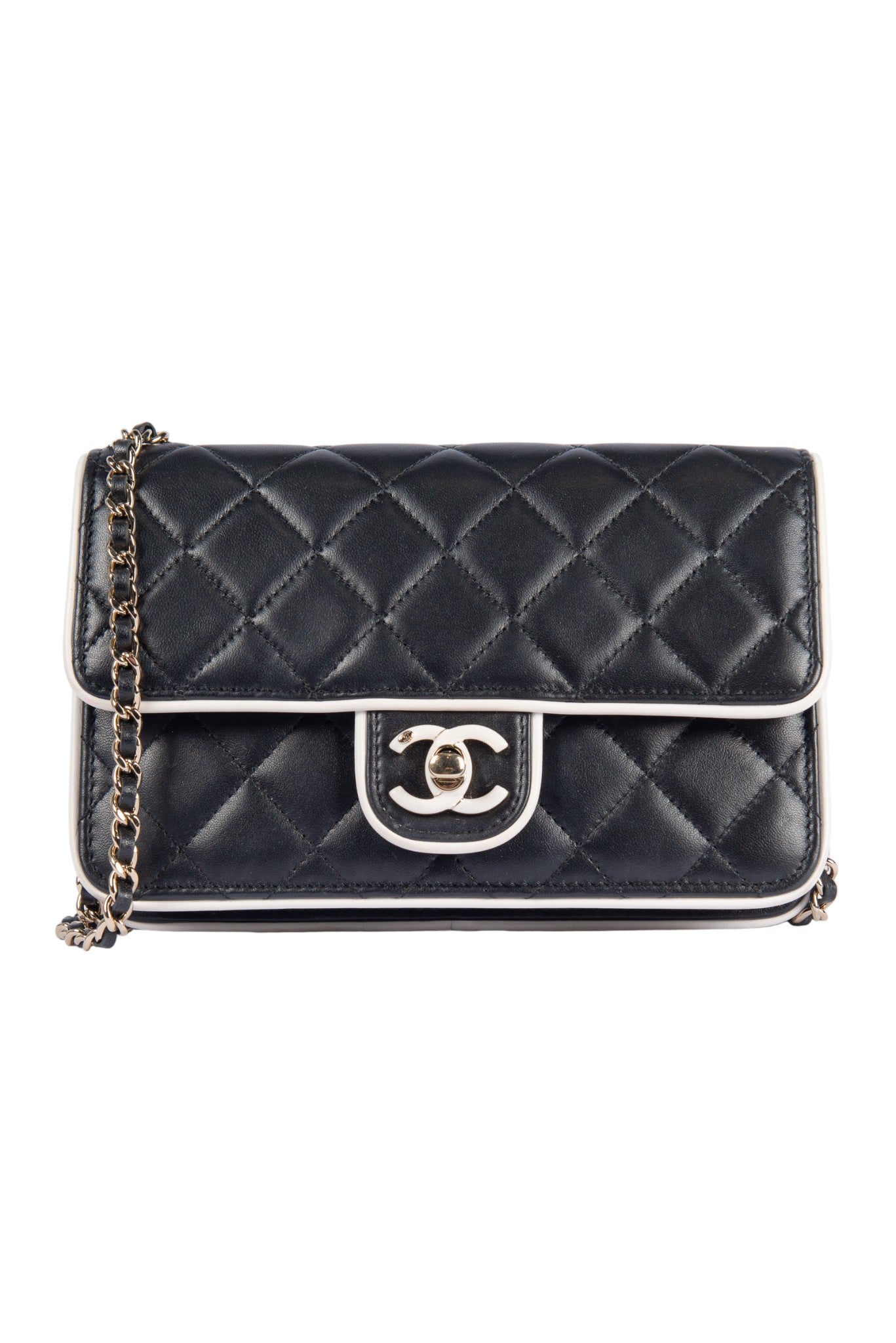 CHANEL 25P Black Quilted Leather Mini Flap Shoulder Bag with White Trim