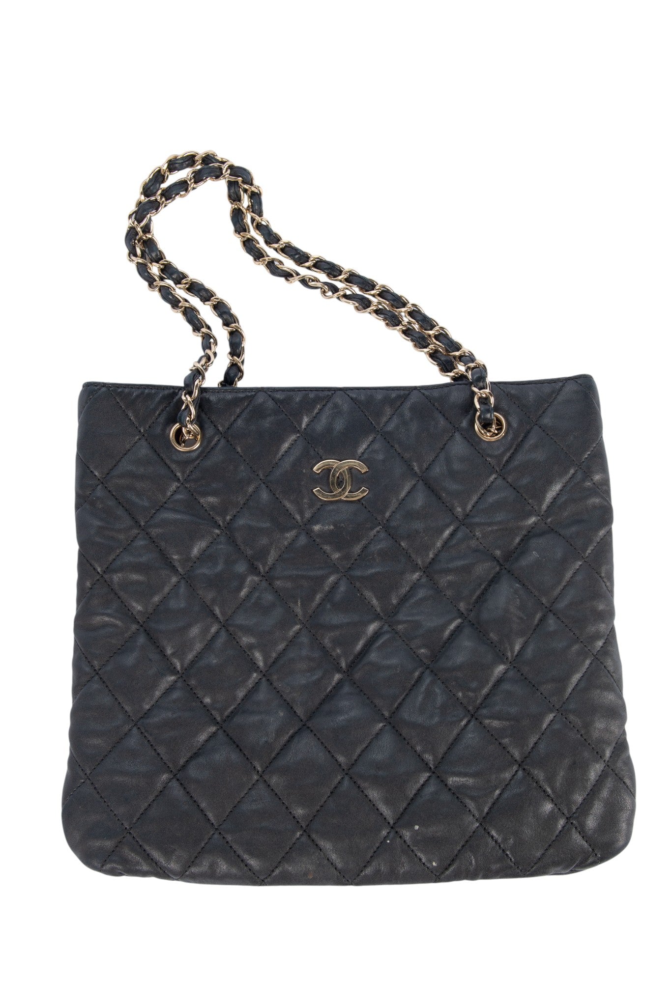 CHANEL Black Vintage Quilted Leather Large Tote Bag with Gold Chain Strap