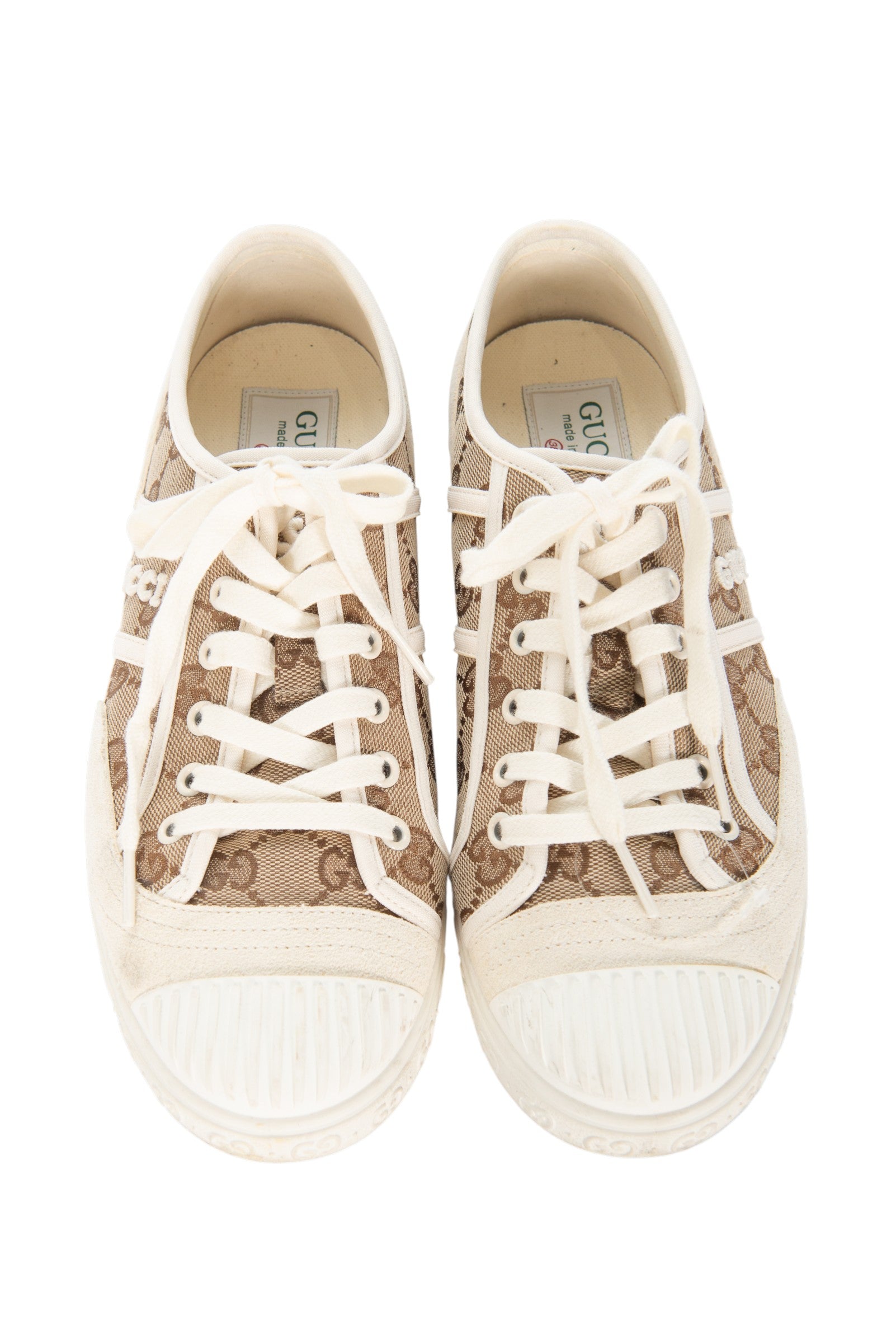GUCCI White GG Canvas Brown Logo Sneakers Size 38