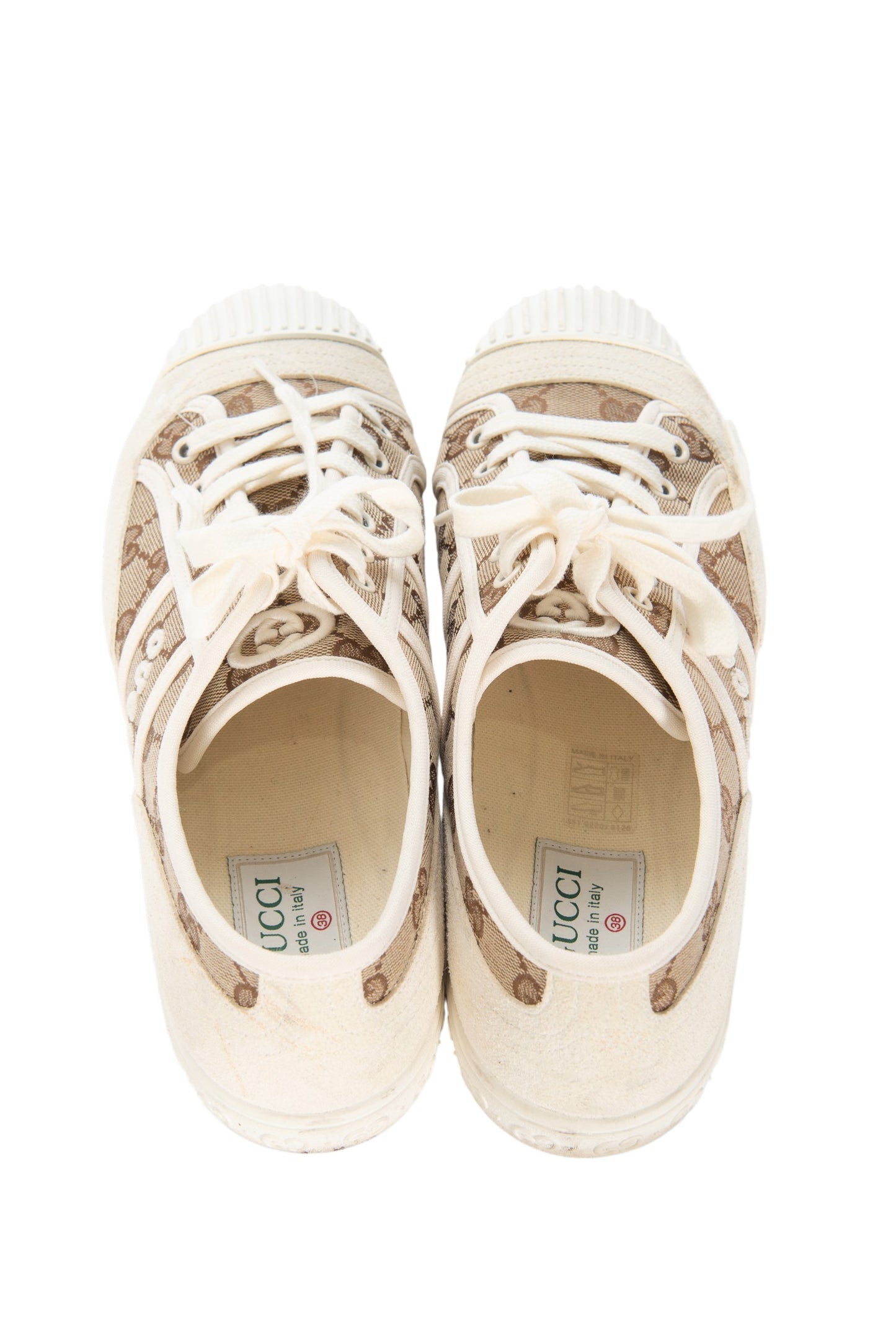 GUCCI White GG Canvas Brown Logo Sneakers Size 38