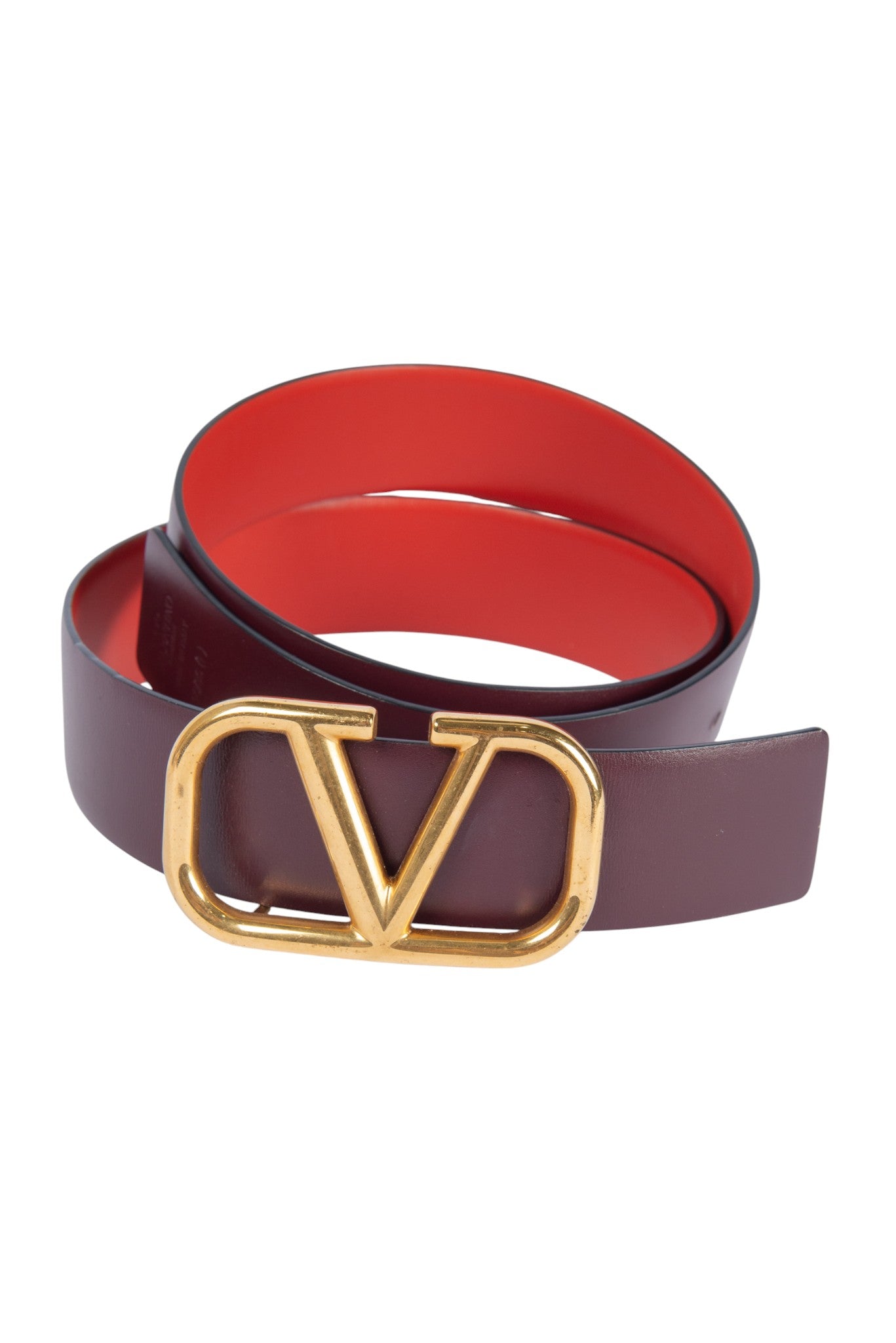 VALENTINO VLogo Burgundy Leather Reversible Belt with Gold Hardware Size M