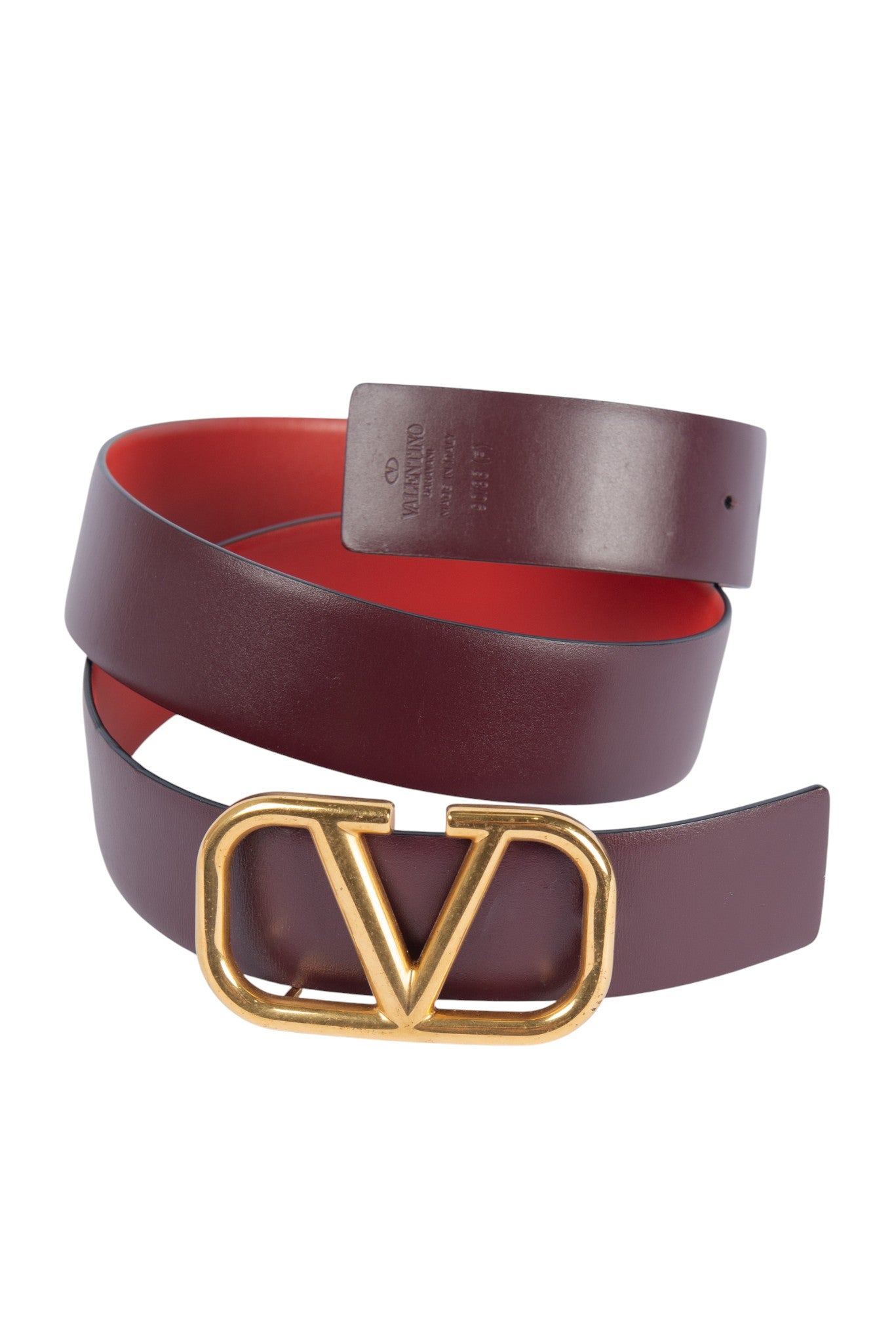 VALENTINO VLogo Burgundy Leather Reversible Belt with Gold Hardware Size M