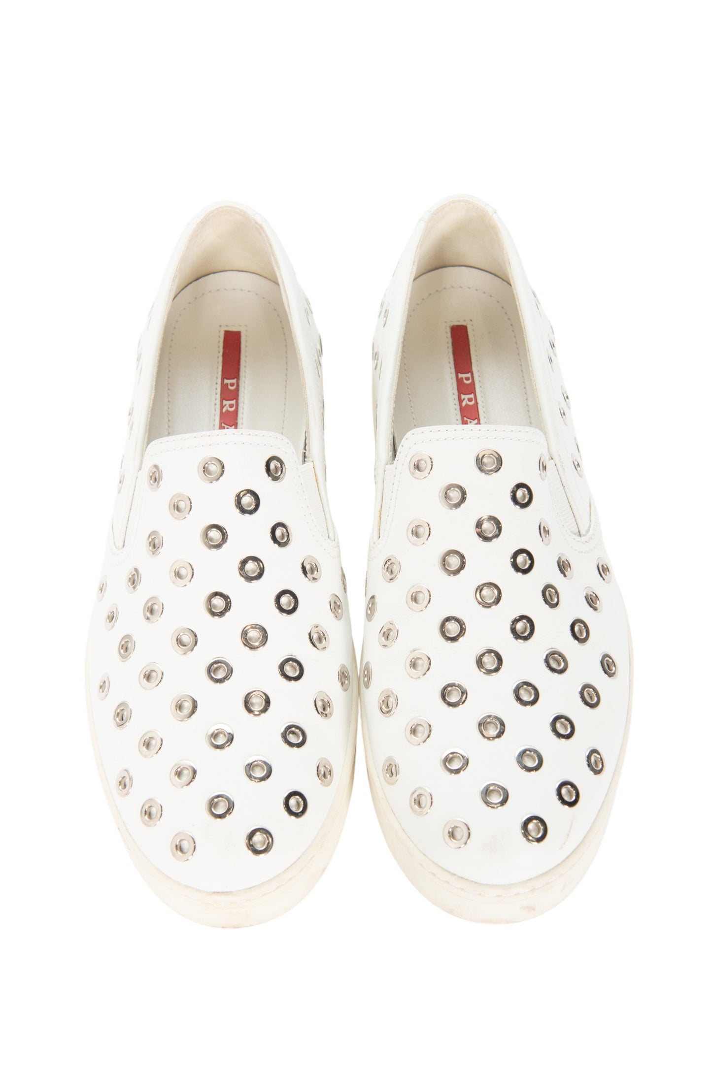 PRADA White Leather Studded Slip-On Sneakers Size 39