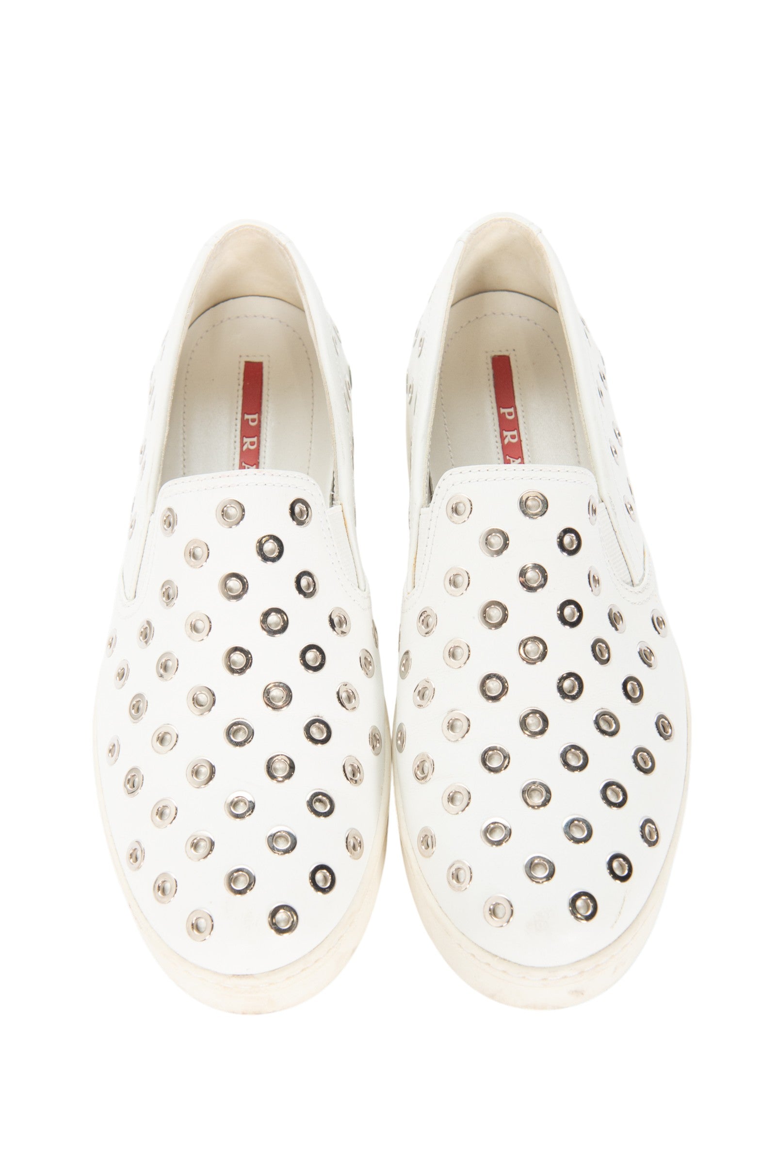 PRADA White Leather Studded Slip-On Sneakers Size 39