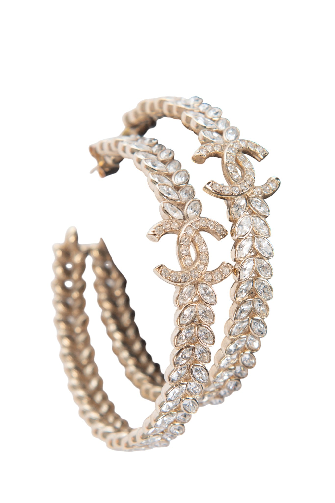 CHANEL Gold Strass Crystal Double Hoop CC Earrings