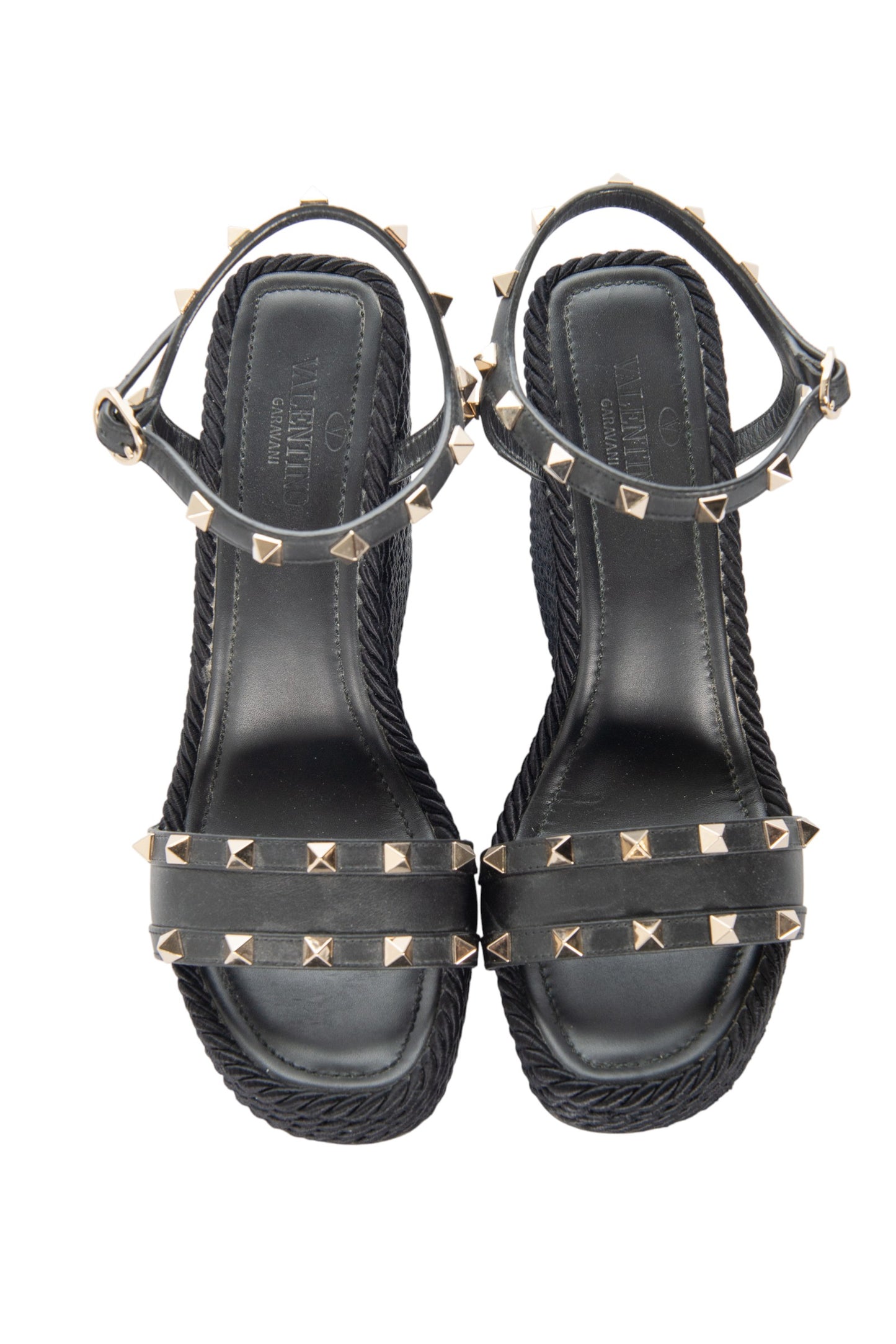 VALENTINO Black Rockstud Espadrille Wedge Sandals Size 40