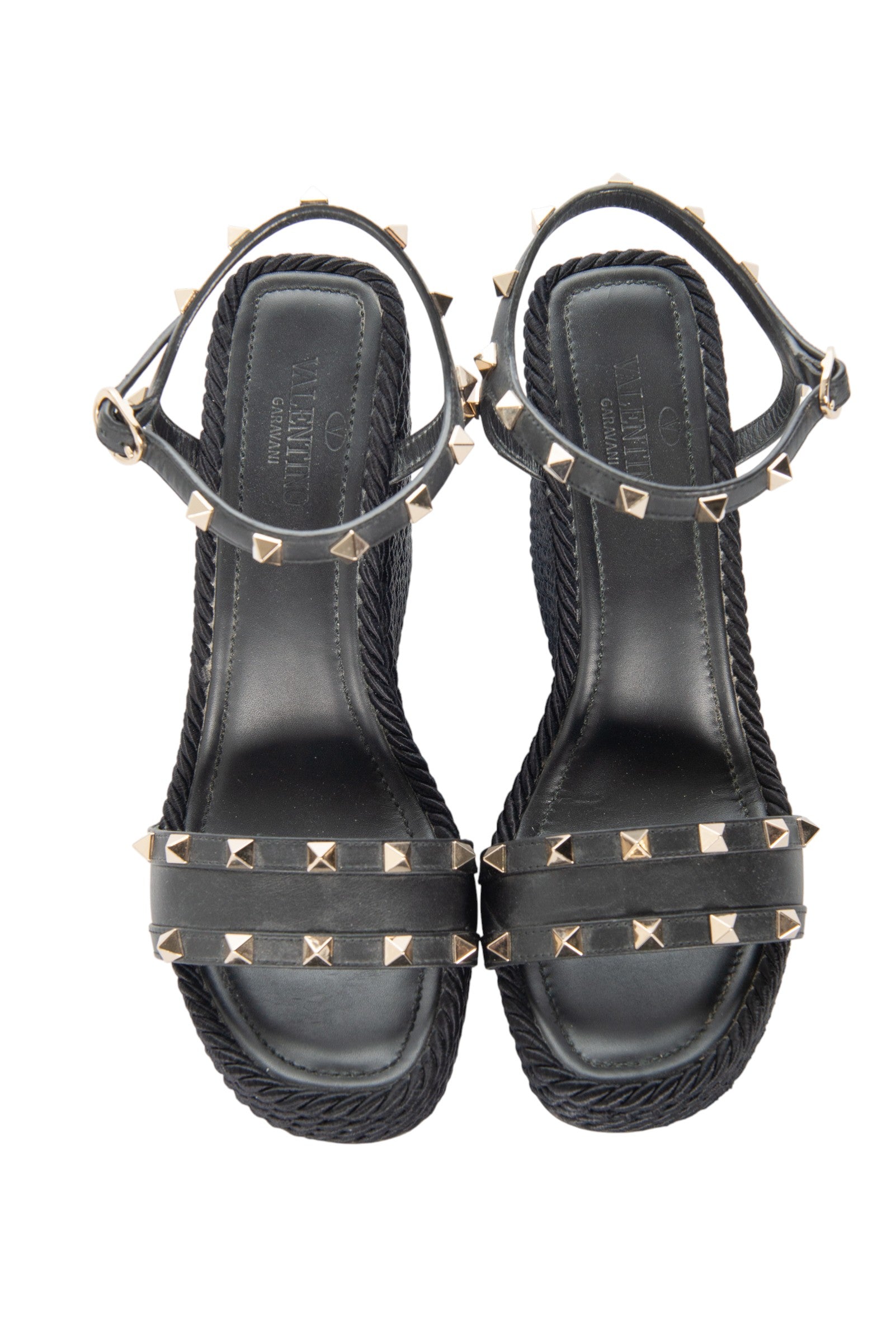 VALENTINO Black Rockstud Espadrille Wedge Sandals Size 40
