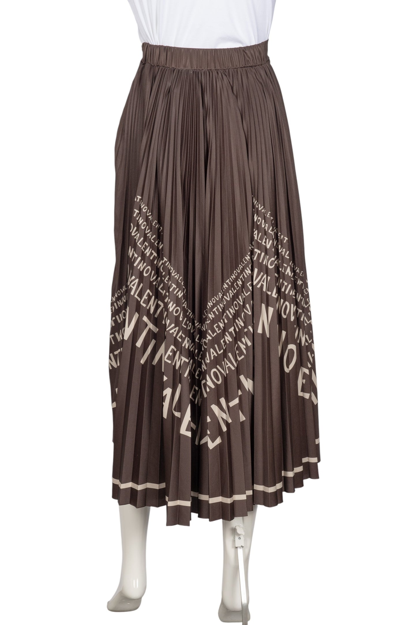 VALENTINO Brown Silk Logo Printed Pleated Midi Skirt Size S
