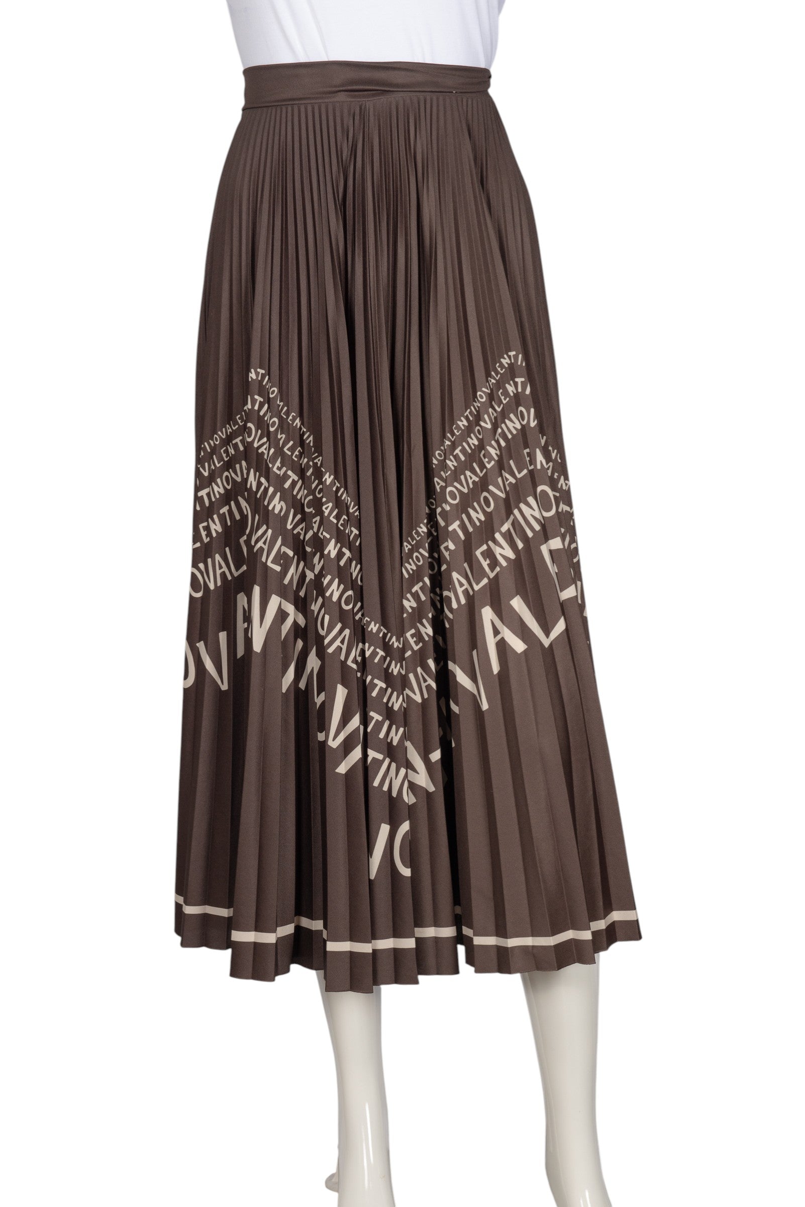 VALENTINO Brown Silk Logo Printed Pleated Midi Skirt Size S