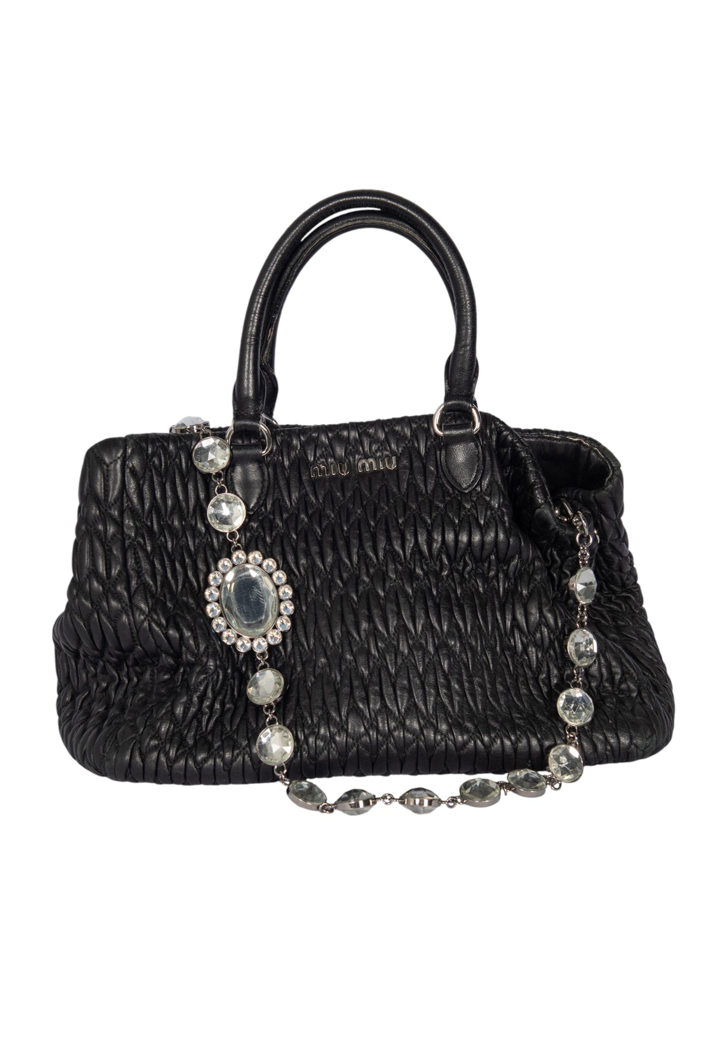 MIU MIU Black Matelassé Nappa Leather Crystal Shoulder Bag