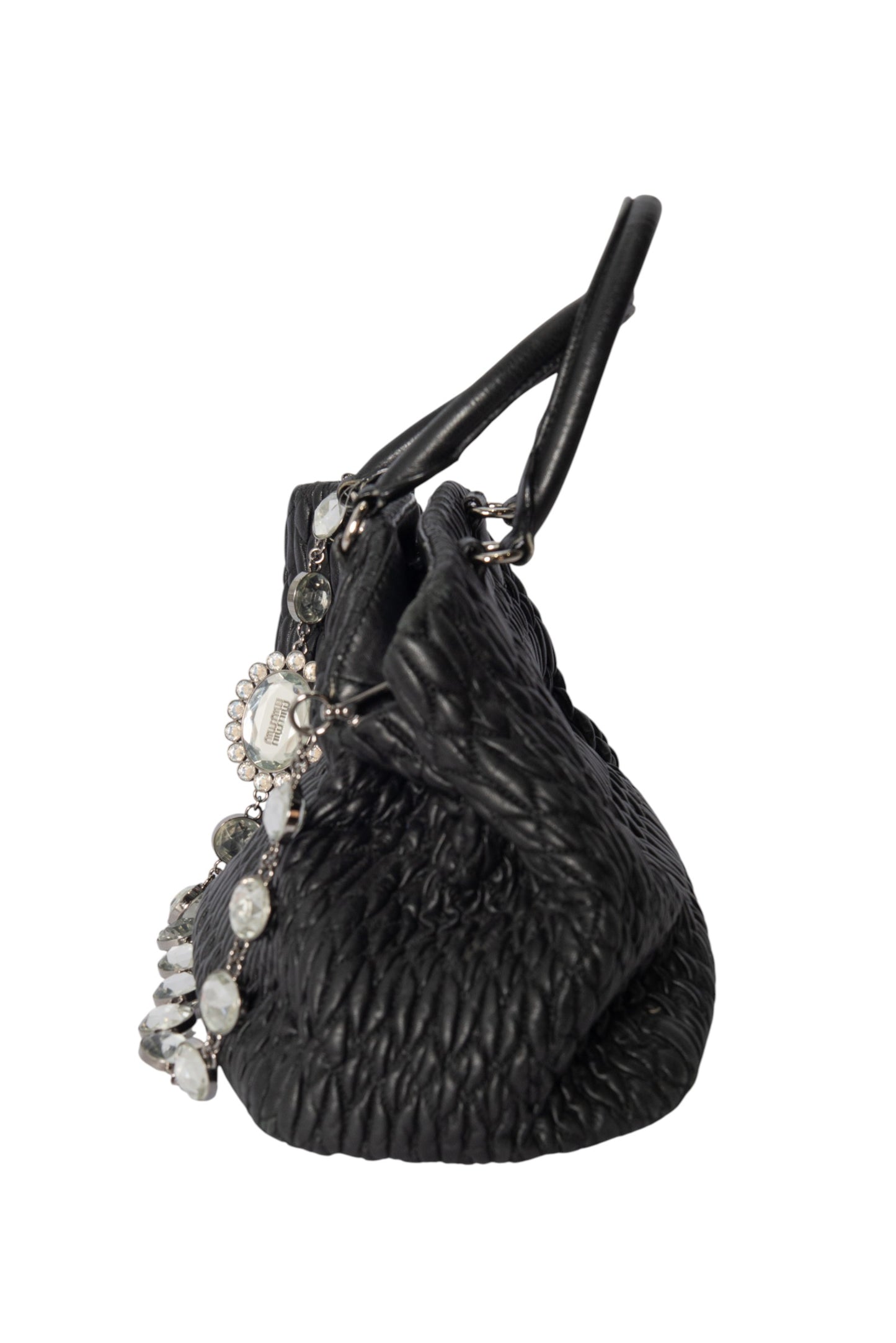 MIU MIU Black Matelassé Nappa Leather Crystal Shoulder Bag