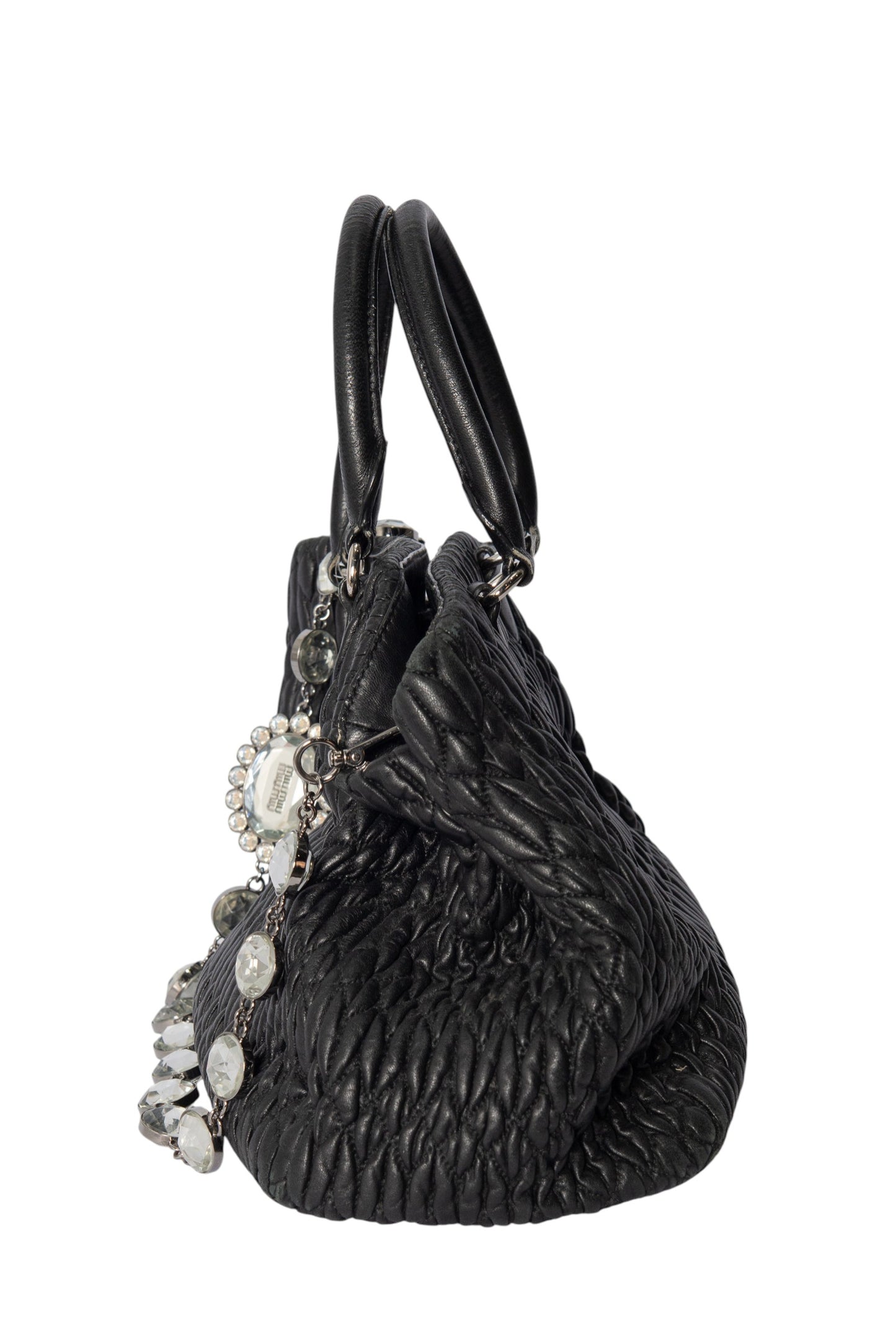 MIU MIU Black Matelassé Nappa Leather Crystal Shoulder Bag
