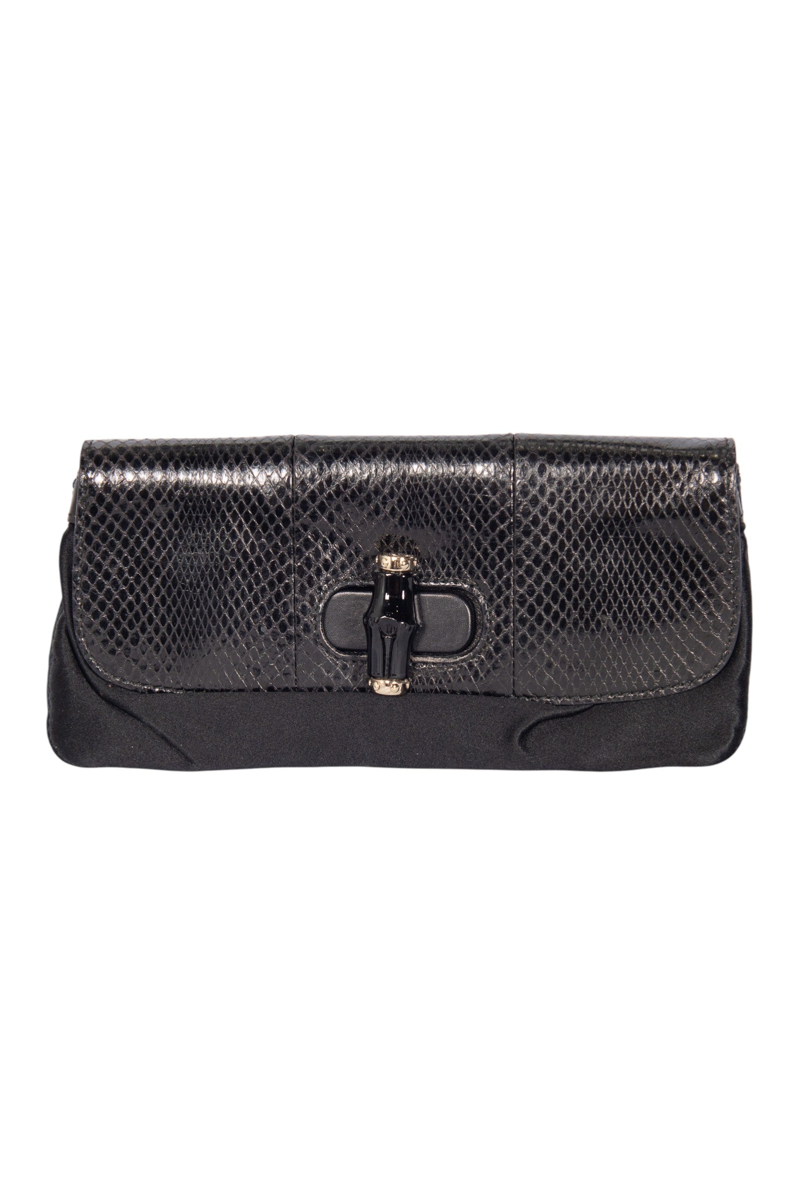 GUCCI Black Snakeskin and Satin Bamboo Clutch Bag