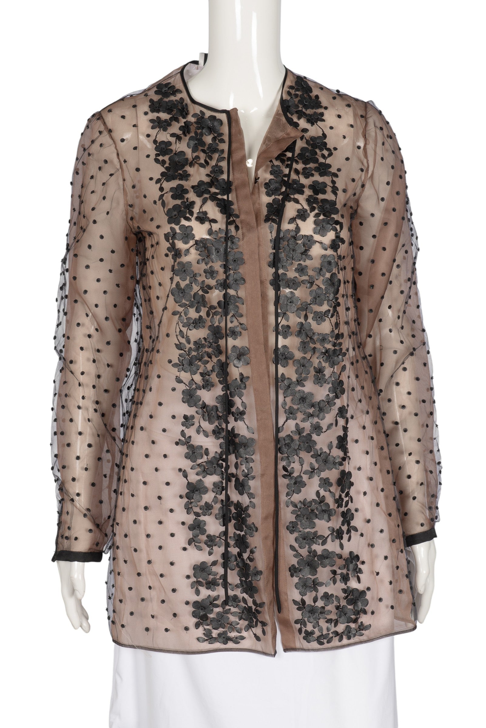 VALENTINO Brown Mesh Beaded Floral Blouse Size L
