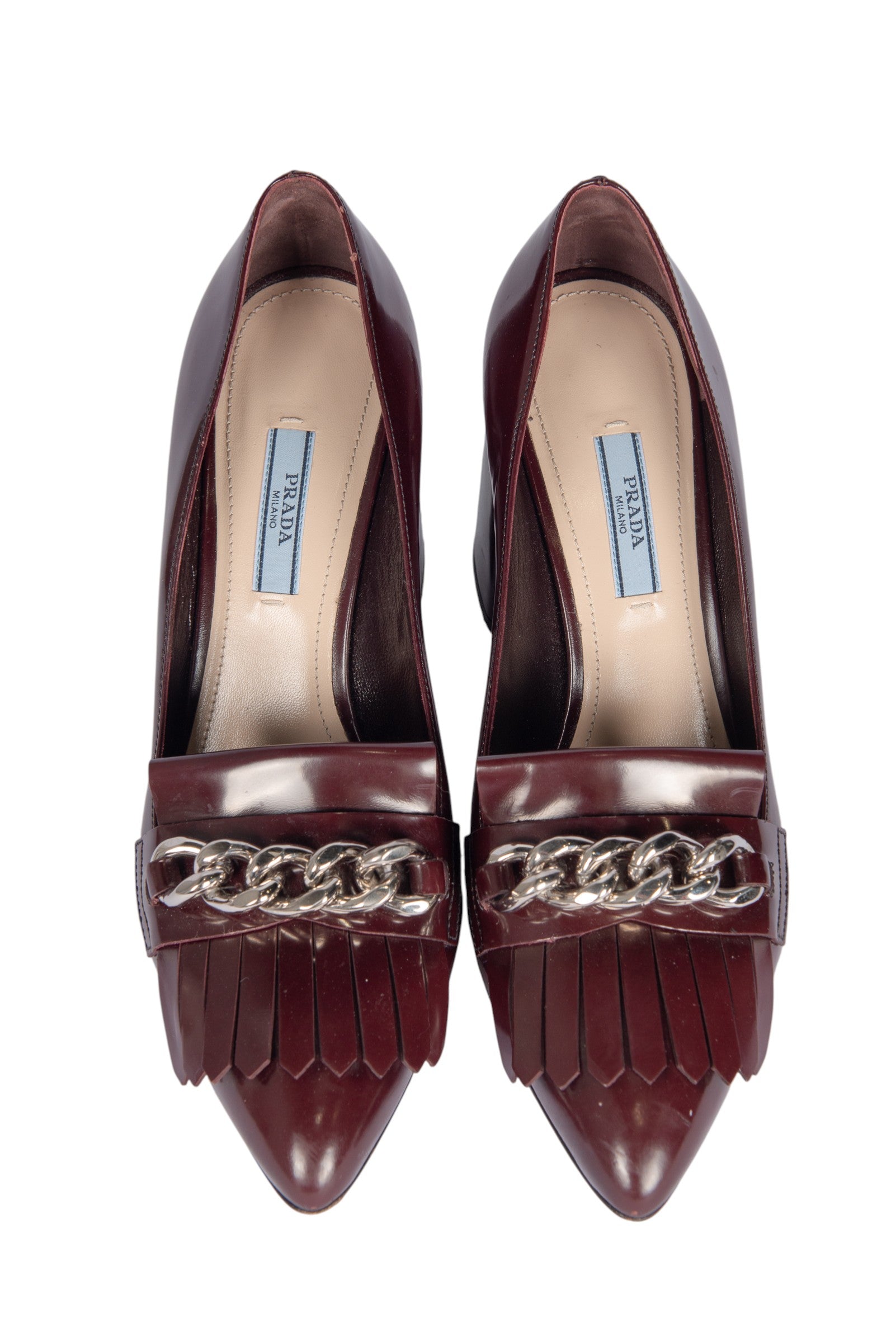 PRADA Burgundy Merlot Patent Leather Kiltie Chain Block Heel Pumps Size 39
